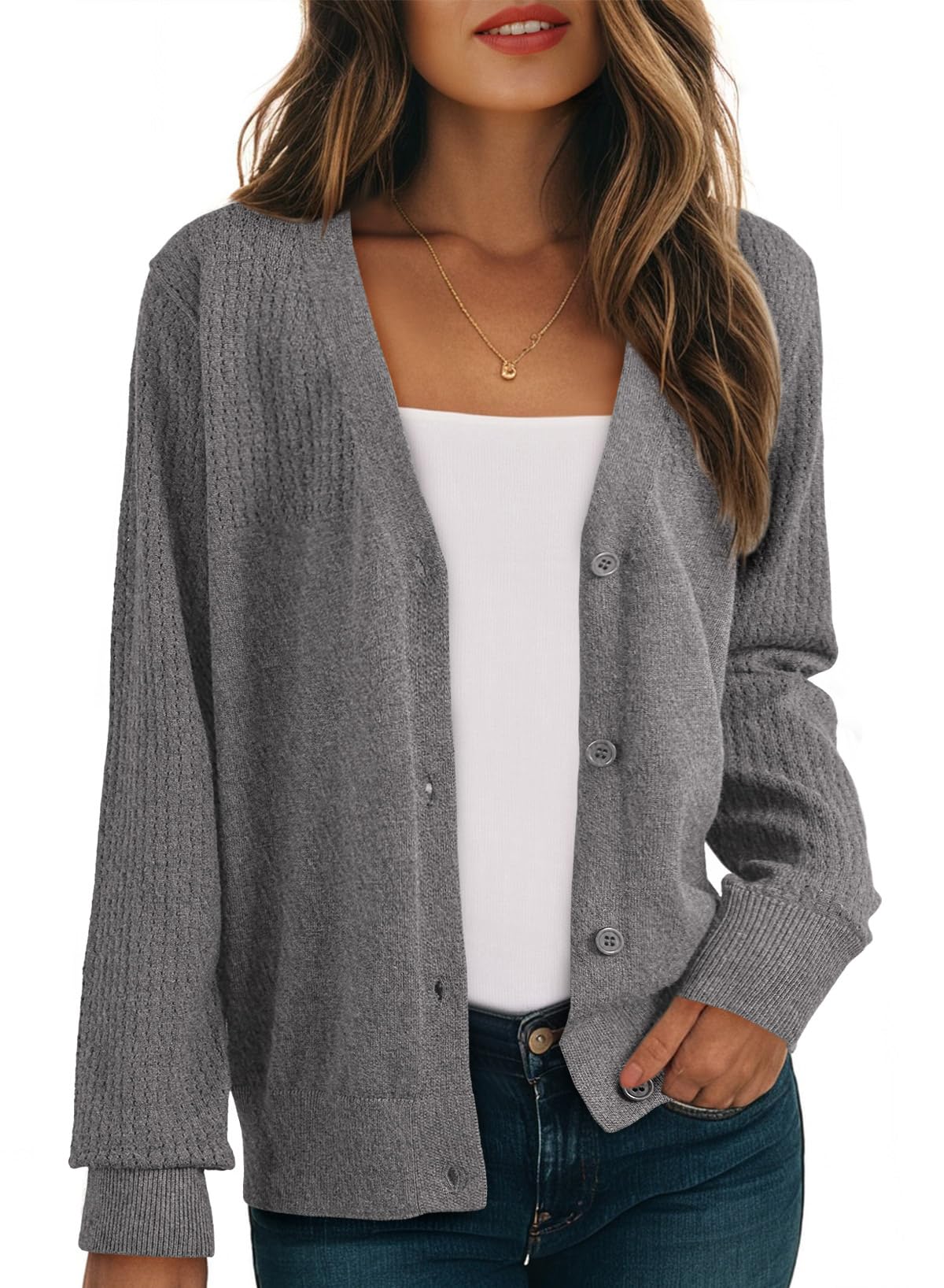 Dokotoo Womens Cardigan Wool Blend Long Sleeve Button Down Sweaters for Women Casual Hollow Out Knit Tops