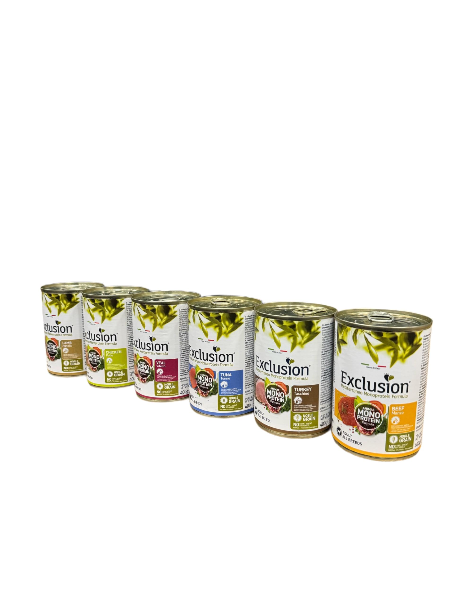 Exclusion Umido Cane Monoprotein All Breeds adult cane, alimento completo per cani adulti di tutte le taglie, monoproteico, GUSTI ASSORTITI | 21 scatolette da 400 grammi l'una. 3 scatolette x gusto.