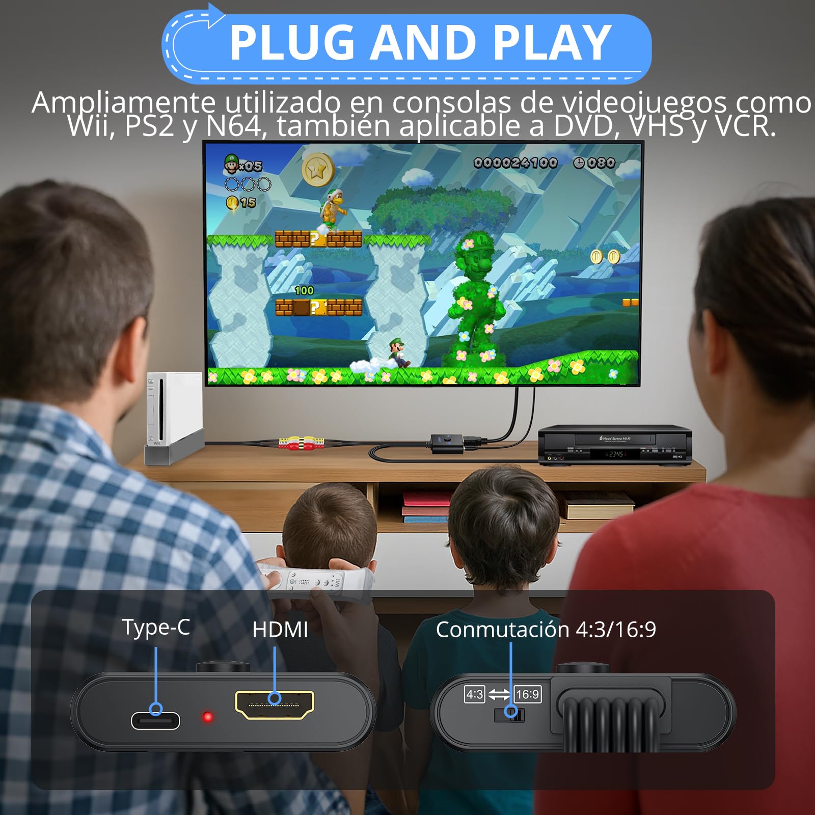CAMWAY Adaptador RCA y Scart a HDMI con Switch 16:9/4:3, 1080P Convertidor AV/Scart a HDMI con Cable HDMI 50CM, Plug&Play, Compatible con PAL/NTSC para Wii PS1 PS2 N64 Xbox DVD VCR VHS
