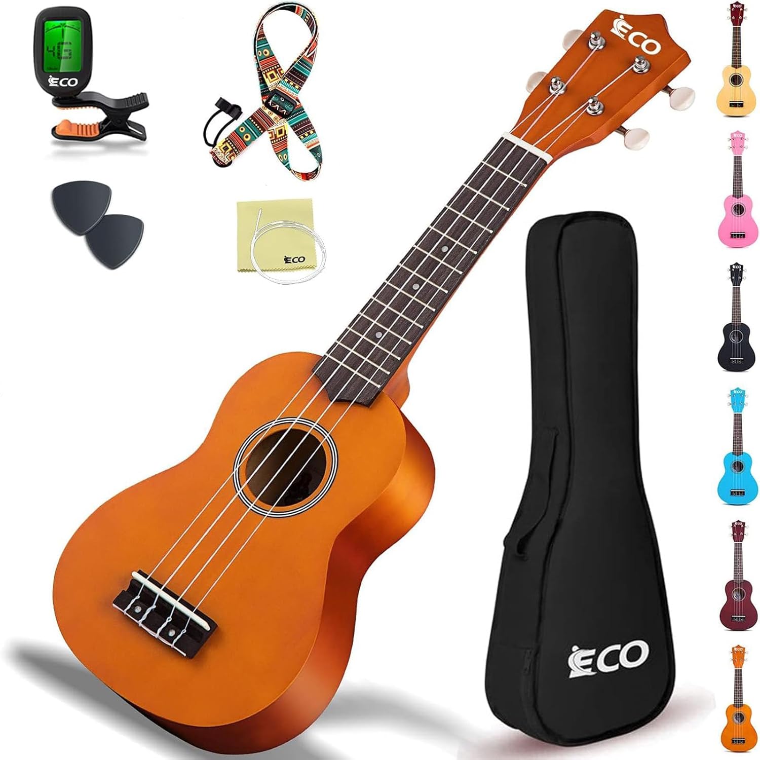 iECO Soprano Ukulele Beginner Kit 21 Inch Ukelele w/Free Online Lesson Case Strap Tuner Strings Picks, for Professional, Starter and Enthusiasts (Honey)