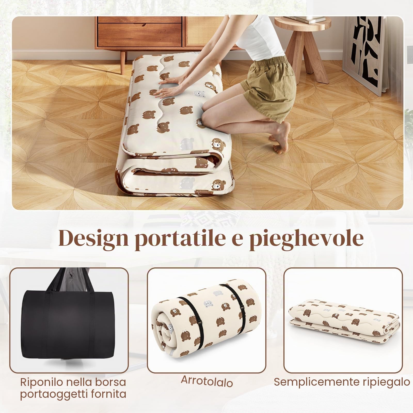 LIFEZEAL Futon Giapponese da Pavimento, Singolo 90x200cm, Materasso Futon da Terra, Tatami Cotone, Arrotolabile, Portatile, Pieghevole, con Fodera Lavabile, Borsa per Campeggio, Motivo a Orsetti
