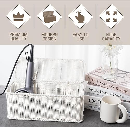 Miniatura 4 de Caja de organización de cables, organizador de cables de ratán hecho a mano, 2 ranuras abiertas, organizador de cables debajo del escritorio para