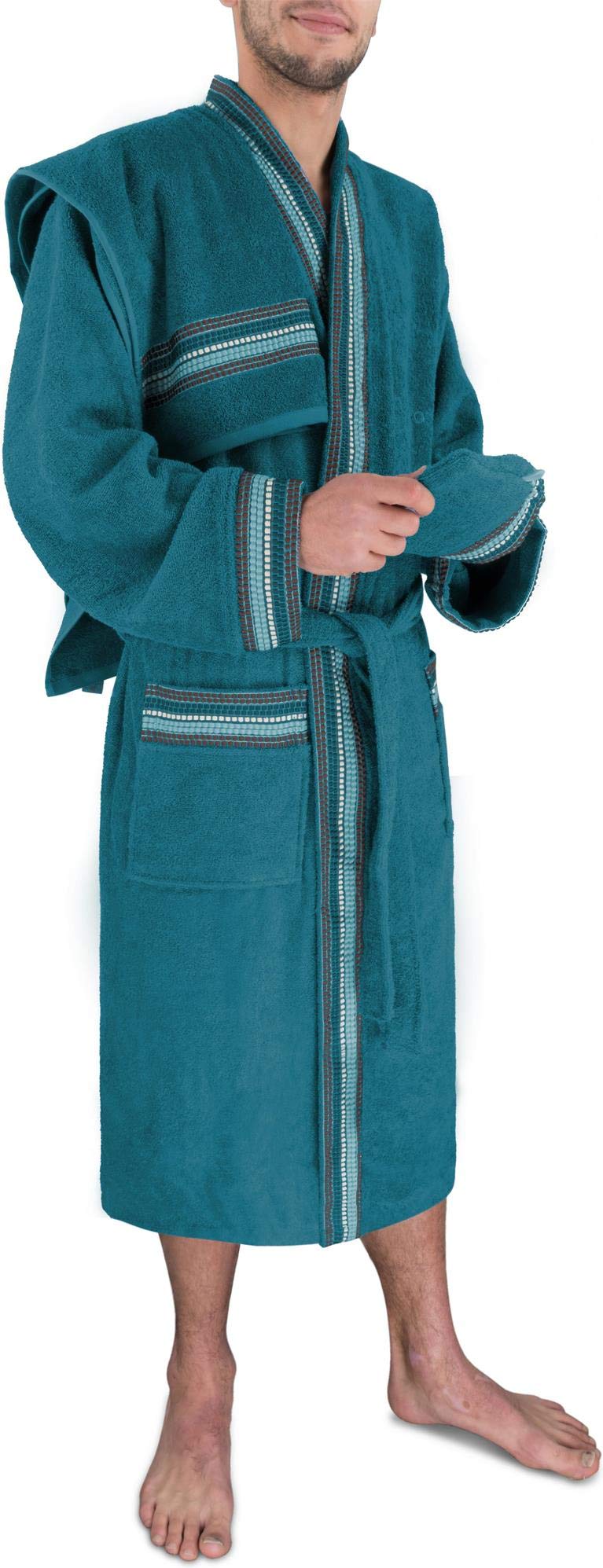 normani Herren Saunamantel - Bademantel Set aus 100% Bio-Baumwolle (Bademantel + Handtuch + Waschlappen) Farbe Petrol Größe XXL