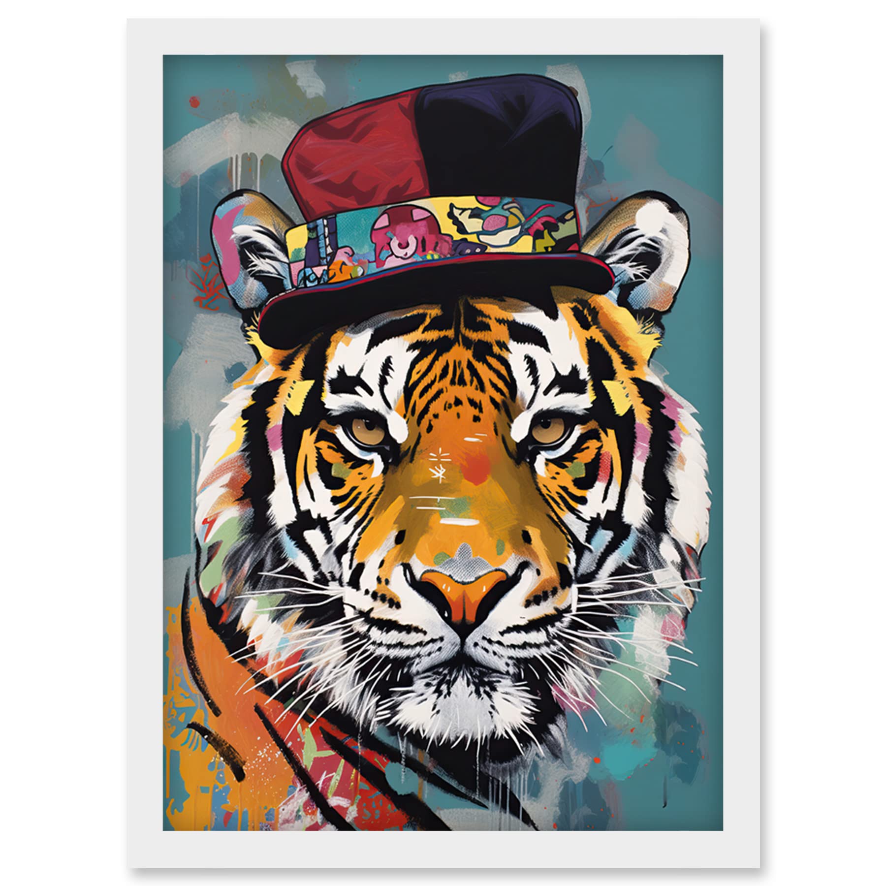 Artery8 Tiger Wearing Soft Felt Top Hat Modern Folk Art Artwork Framed Wall Art Print A4