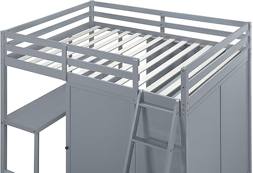 Miniatura 69 de Cama alta funcional tamaño individual con 2 cajones y 2 armarios, base de cama de madera maciza con barandilla de seguridad y escalera de