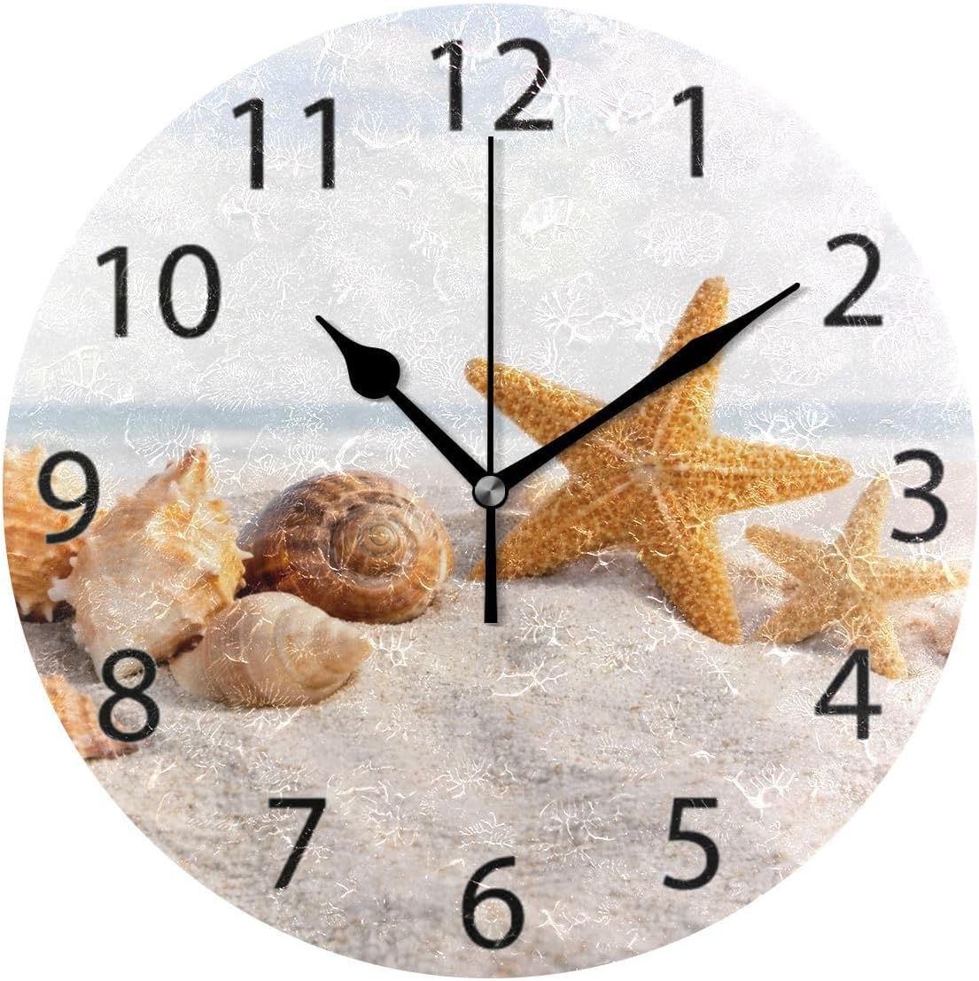 ABLINK Seashells on Ocean Beach Round Wall Clock, Silent Non Ticking Oil Painting Home Office School Decorative Clock Art