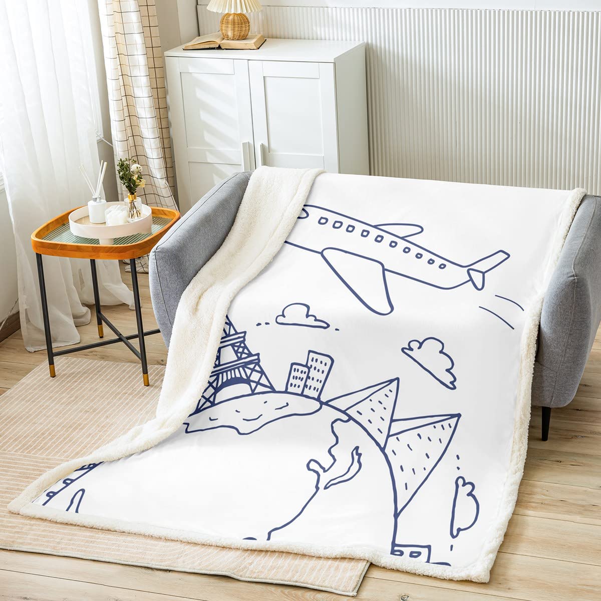 Flight Sherpa Coperta per bambini in pile per aereo, per letto, divano, bambino, torre Eiffel, coperta in microfibra, per aerei di Parigi, blu e bianco, coperta sfocata per camera da letto, regina 20