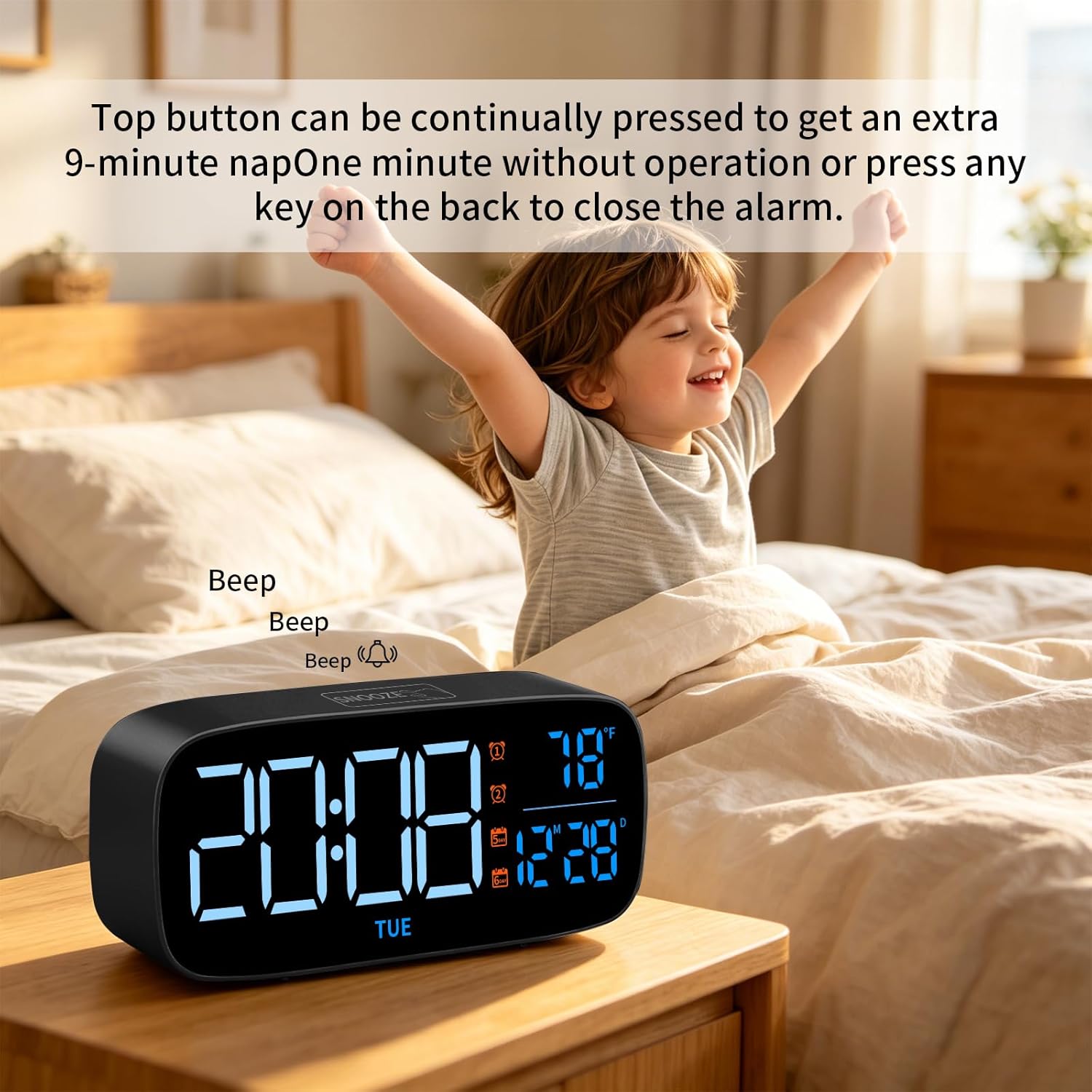Digital Alarm Clock for Bedroom,Dimmer with Temperature Calendar, 13 Sounds Adjustable Volume, Weekday/Weekend Mode, Snooze, 12/24H Display for Bedrooms Heavy Sleepers Kids Bathroom