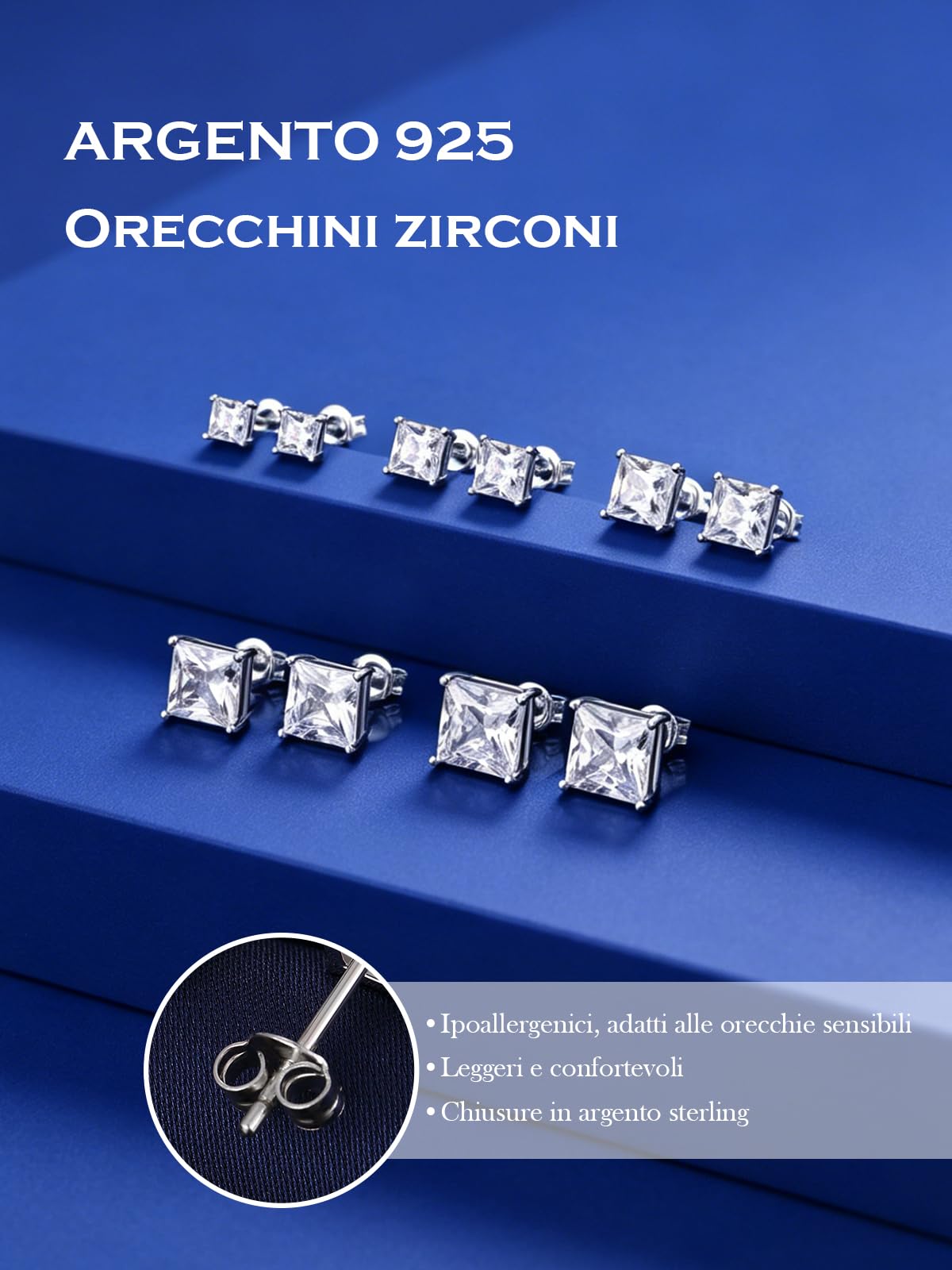 Orecchini Zirconi Cubici in Argento Sterling 925 Diamanti Simulati Ipoallergenici Orecchini a bottone Rotondi Quadrati CZ Piercing per Cartilagine Gioielli Regali per Donne Uomini 4-8 mm