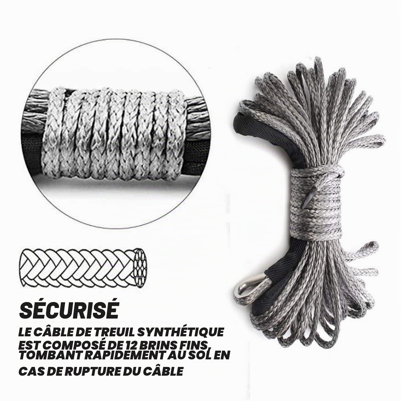 Corde synthétique de 6 mm x 15 m avec gaine universelle pour ATV UTV Offroad Camion Résistance à la rupture