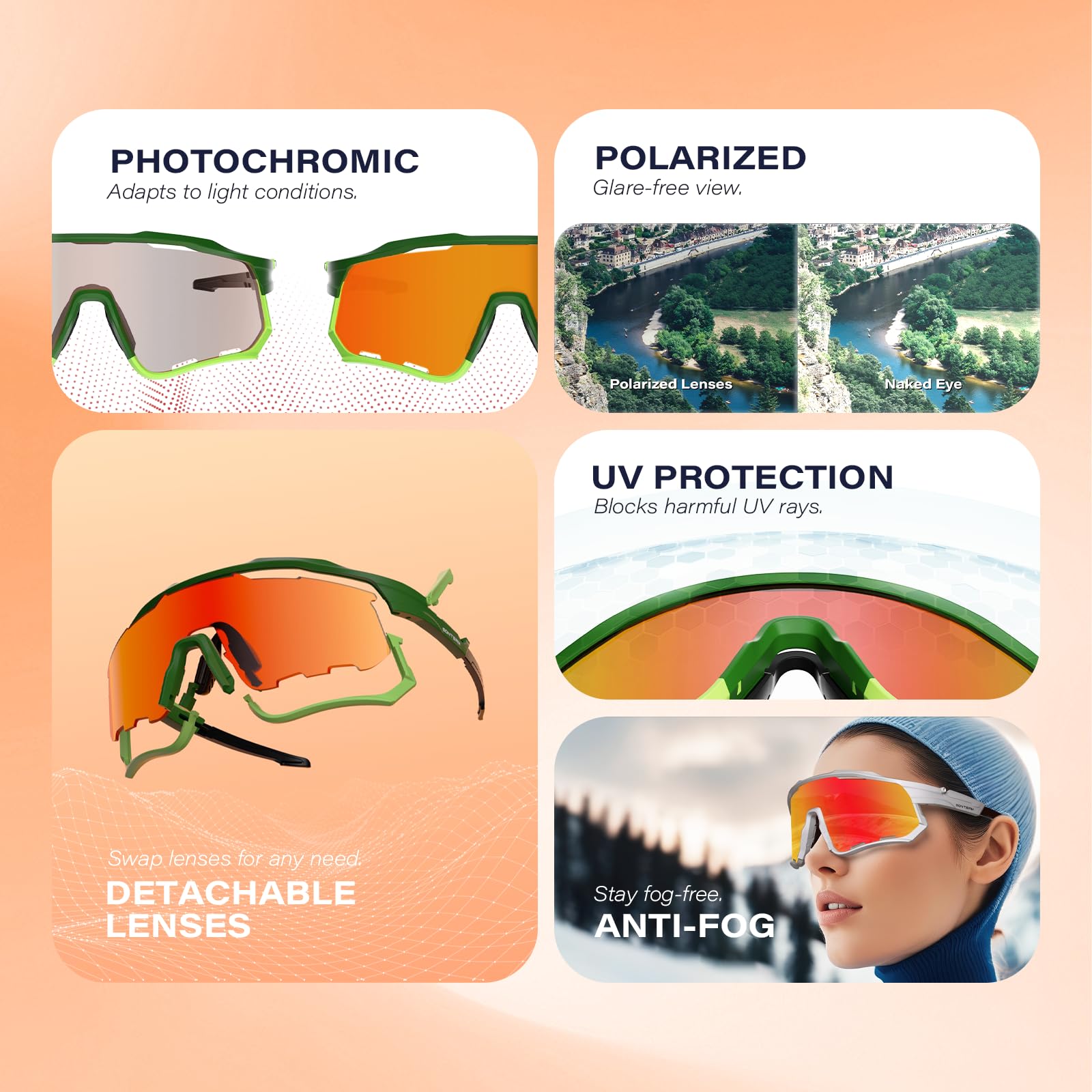Gafas de ciclismo polarizadas con efecto fotocromático, gafas de sol deportivas desmontables con antivaho de invierno para hombres y mujeres