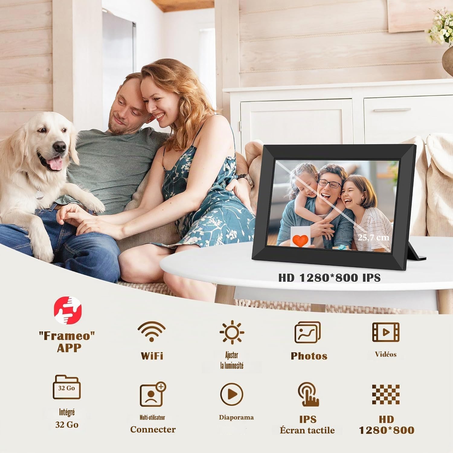 Frameo 10.1Pouces Cadre Photo Numérique WiFi, Mémoire Iinterne de 32 Go avec Écran Tactile HD 1280 * 800 IPS,Rotation Automatique,Configuration Facile et Partage de Photos ou de Vidéos Via Frameo