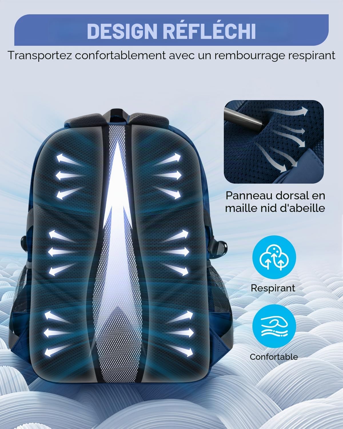 Amythe Sac à Dos Garçon Adolescent - Cartable Garçon Collège Lycée Grande Capacité 29L - Sac à Dos Scolaire Moderne Imperméable Léger 10-22 Ans pour École, Voyage, Noël, Bleu