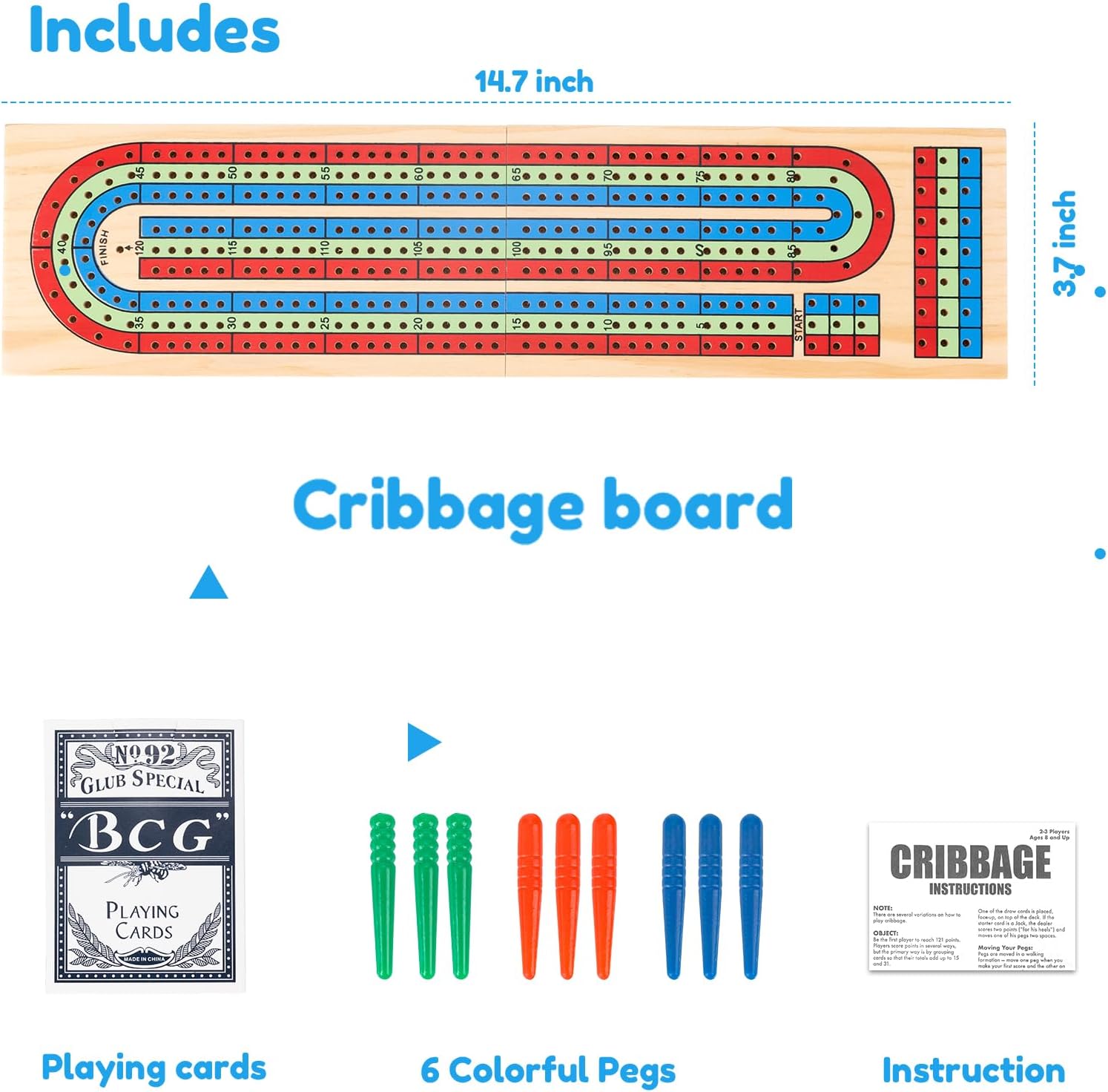 Cribbage Board Game Set - Complete Cribbage Kit for 2-4 Players - Includes 9 Pegs, Deck of Playing Cards & Continuous 3 Track Board - Perfect for Family Game Night & Travel (Ages 8+)