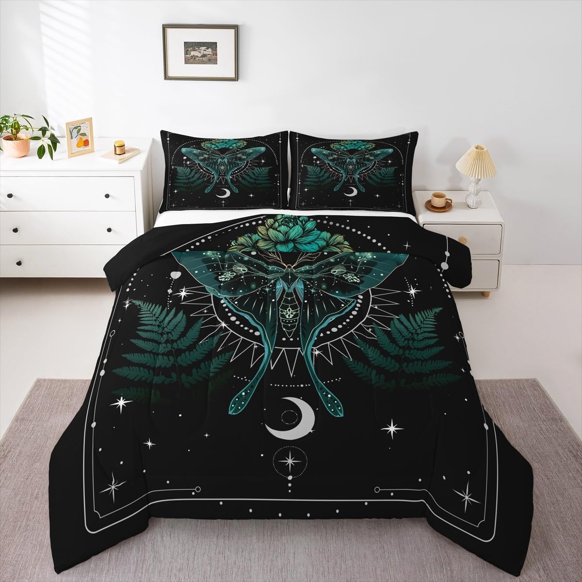 Castle Fairy Moth Comforter Set King Size,Boho Stars Moon Space Leaves Plant Bedding Set All Season Quilt Set,Gothic Animal Galaxy Microfiber Polyester Down Comforter