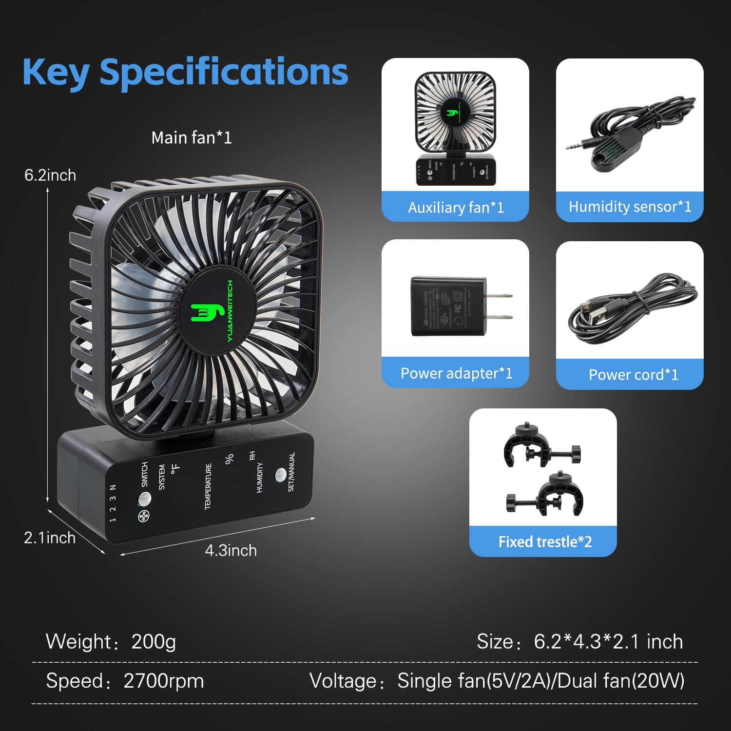 Inteligentny wentylator do namiotu wzrostu 10,2 cm z automatyczną kontrolą pogody, 4-biegowy wentylator oscylacyjny z wyświetlaczem LCD