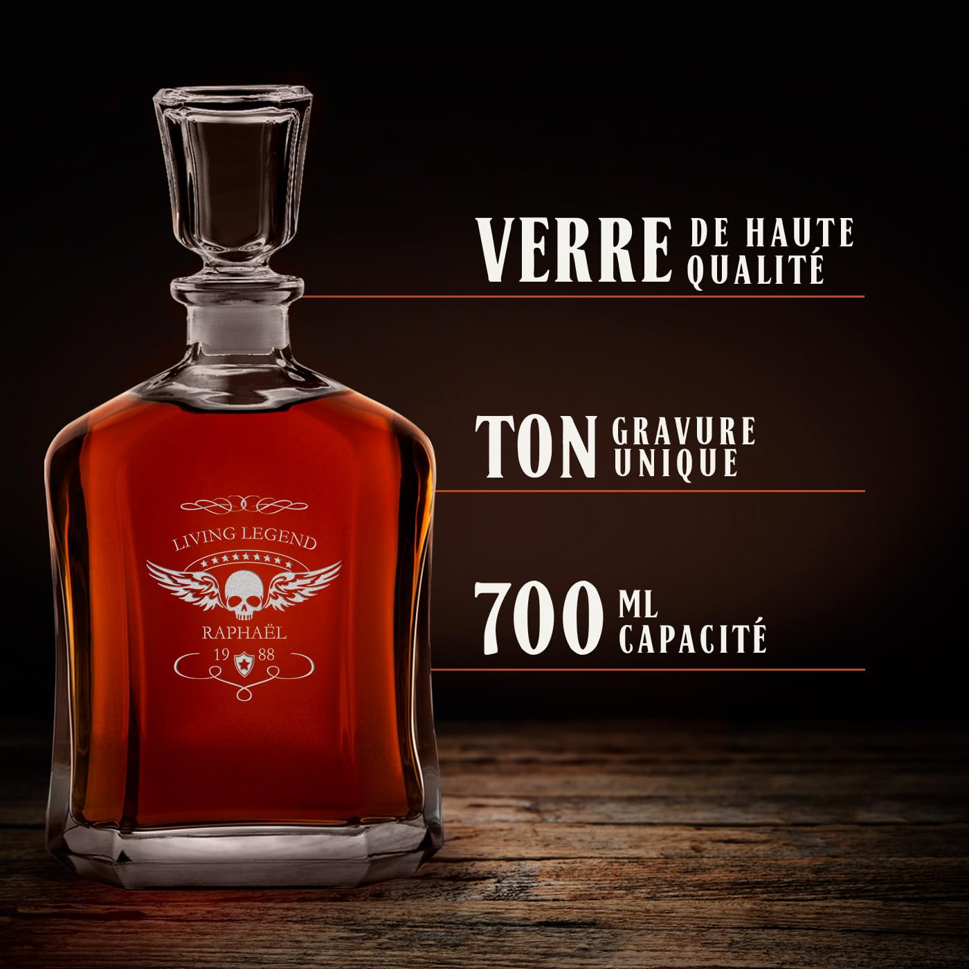 Maverton Ensemble de Carafes Personnalisés a Whisky Rhum Cognac Avec 2/4 / 6 Verres a Whisky Gravés pour homme - 700 ml Service Universel Verre Whisky et Carafe - Living Legend