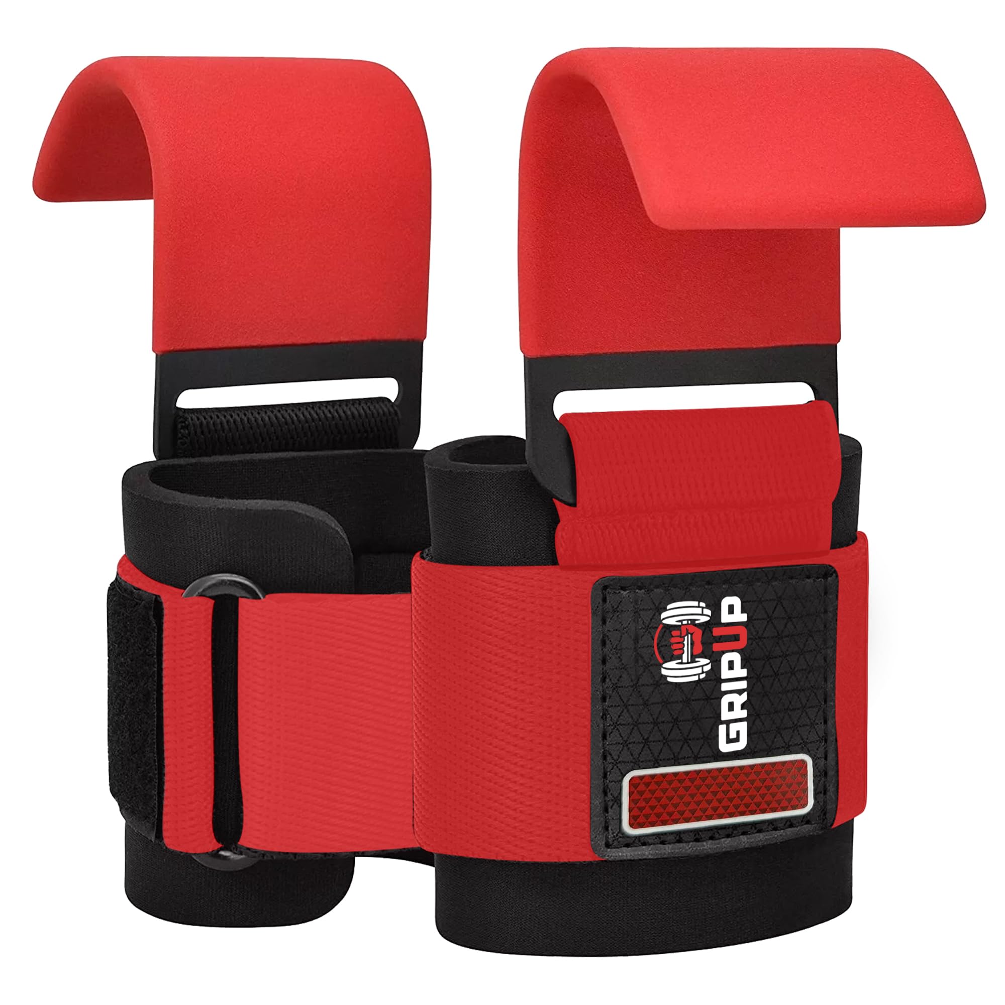 GripUp Weight Lifting Hooks – 8mm neoprene padded gym straps wrist wraps with non-slip rubber grip for deadlifts, powerlifting, chin-ups, and bodybuilding Perfect for men and women (Red)