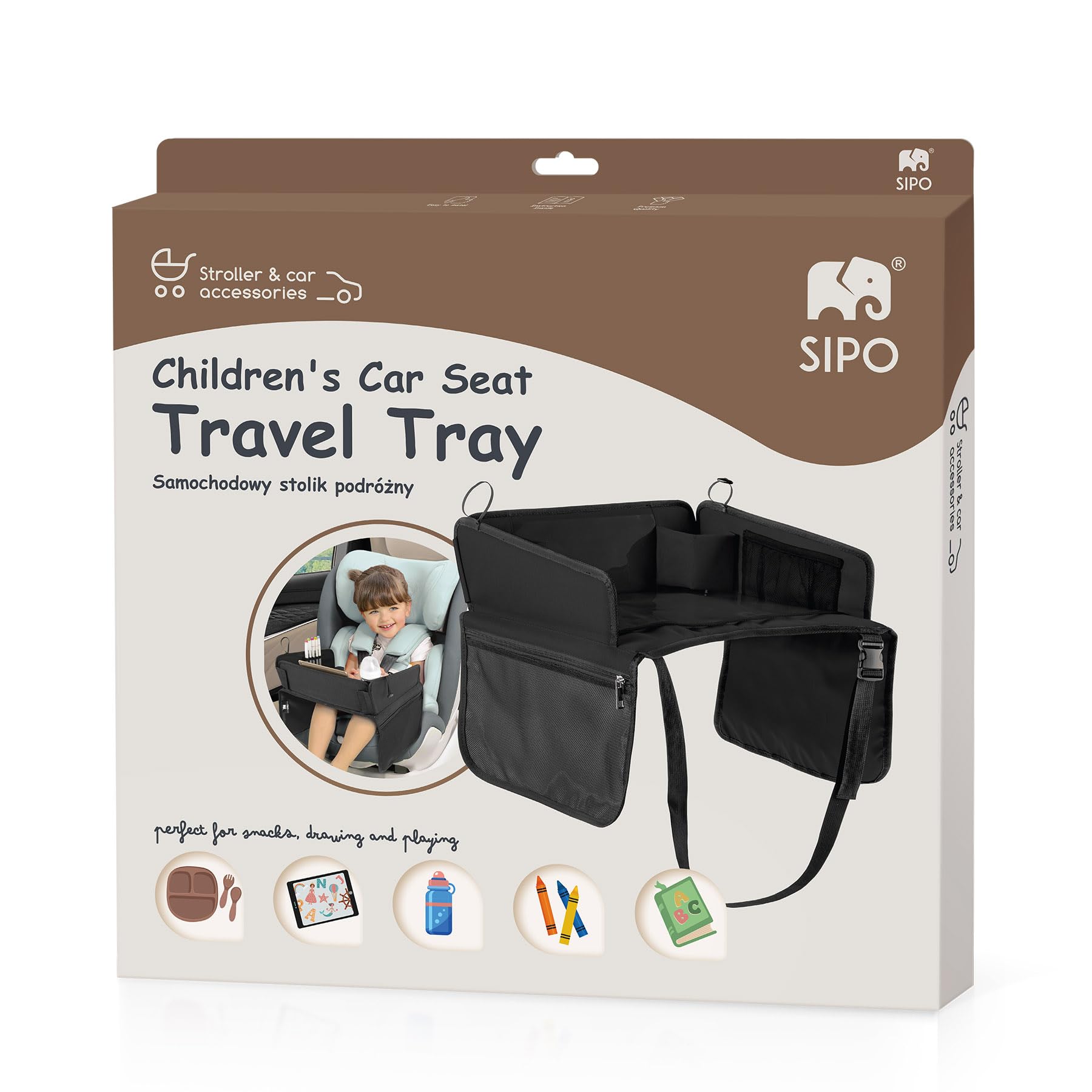 SIPO Reise-Tablett für Kindersitze – Klapptablett mit Trockenlöschfläche, Tablet-Halter (bis 11″), Getränkehalter & Taschen – faltbar, leicht, universell – Schwarz
