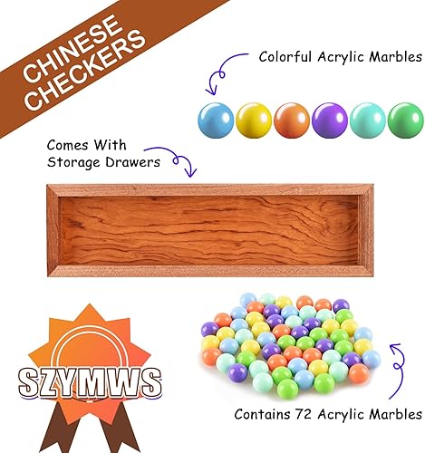 Miniatura 5 de Juego de damas chinas de 15 pulgadas, tablero de juego de damas chinas de madera con cajón de almacenamiento  72 canicas acrílicas de 0.630 in, 6