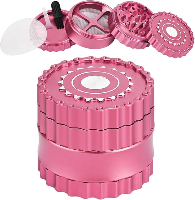 Premium Herb Grinder, Metal Grinder 2.5 Inches 4 Piece Pollen Catcher Durable Aluminum Alloy Spice Grinder Pyramidal Sharp Tooth Chain Shape for Kitchen (Pink)