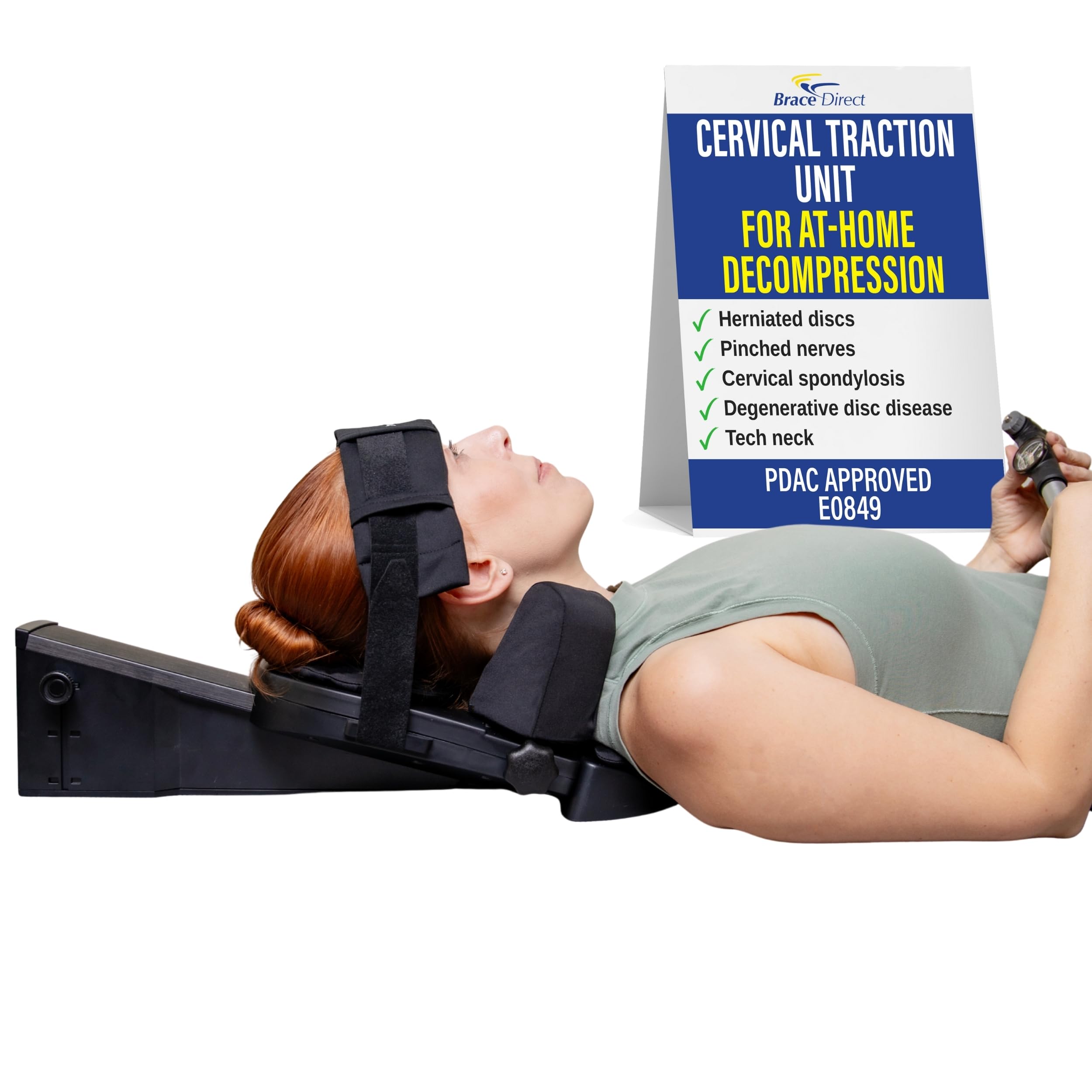 Brace Direct Cervical Traction Device - Spinal Decompression & Neck Pain Relief, Herniated Disc & Spondylosis Support with Hot Cold Therapy - E0849 (Portable - Adjustable Traction up to 40 lbs)