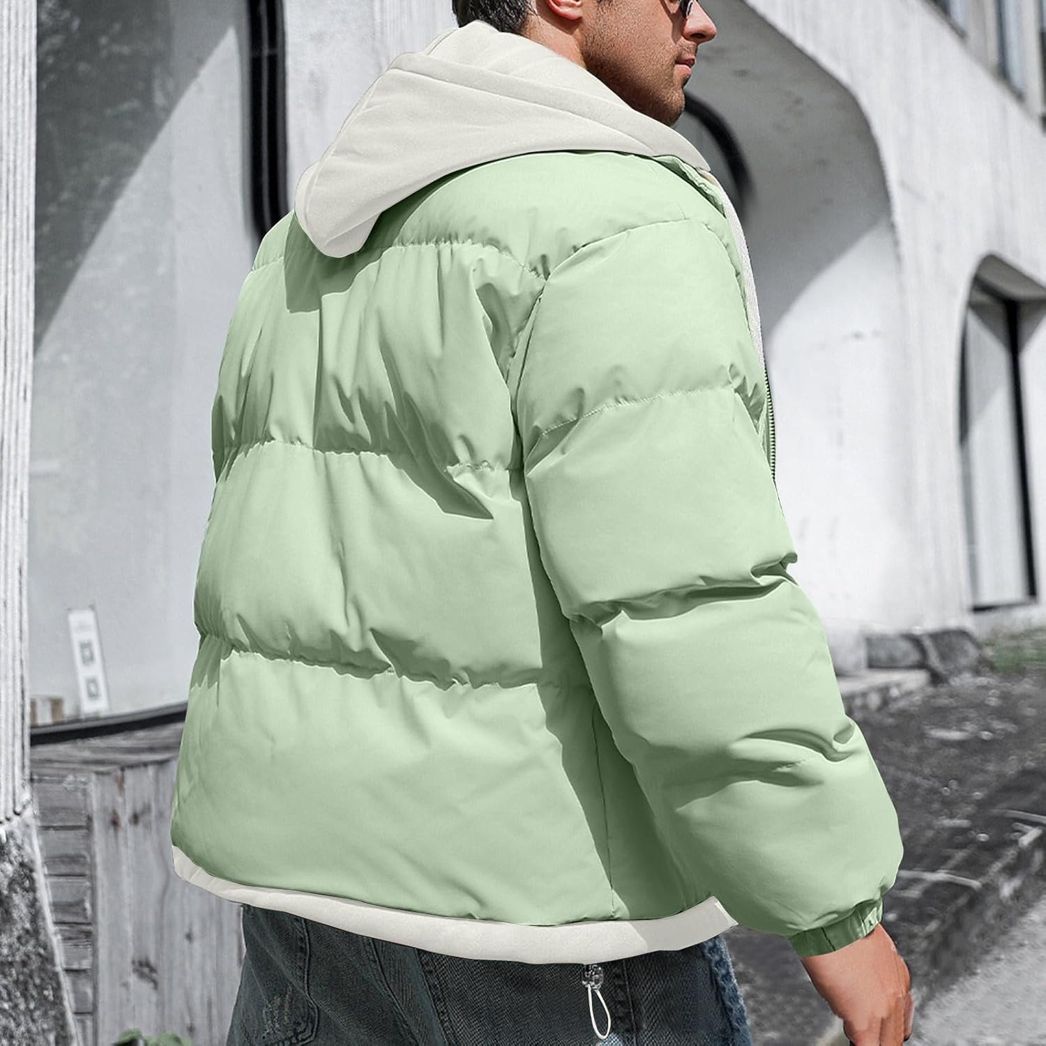 NATHGAM Men's Fake Two Piece Jackets Thicken Windproof Thermal Hooded Puffer Jackets Winter Loose Warm Outdoor Bubble Coats