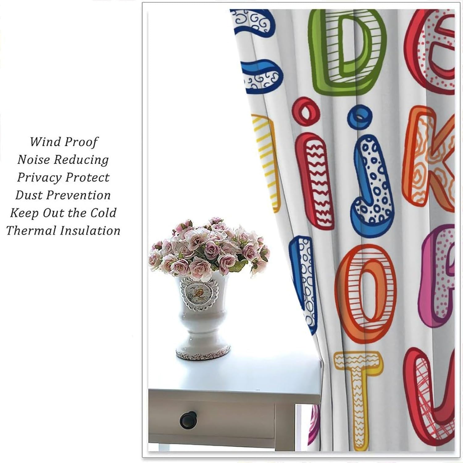 Alphabet Curtains, Colorful 3D Style Letters ABC Pattern Blackout Window Treatments, Rod Pocket Thermal Insulated Drapes 2 Panels Set for Kids Bedroom Nursery Classroom, 42" W X 45" L