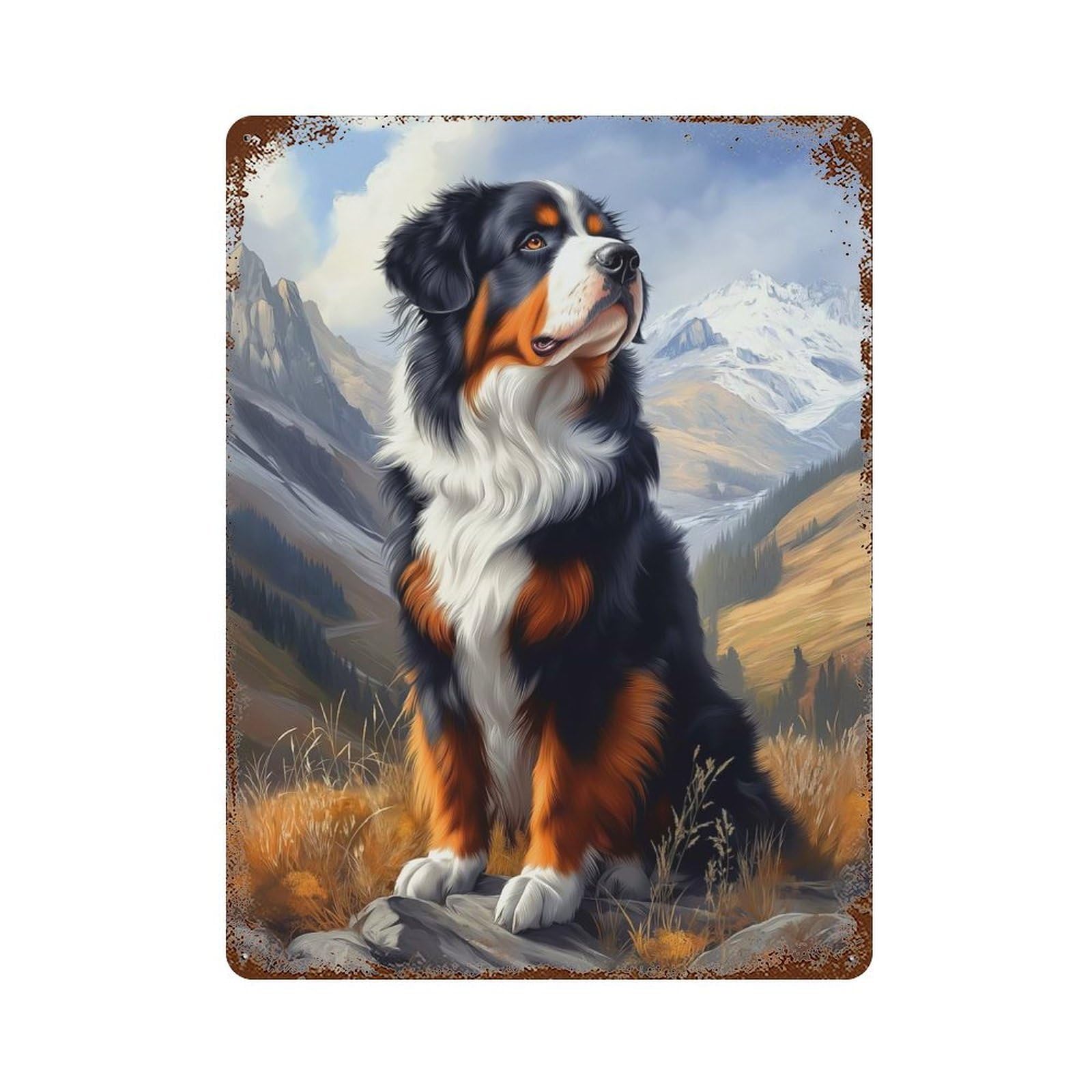 Bernese Mountain Dog in Mountains Rusty Metal Tin Sign 15.7"x11.8", Rustic Home Decor for Living Room, Hallway And Home Decor
