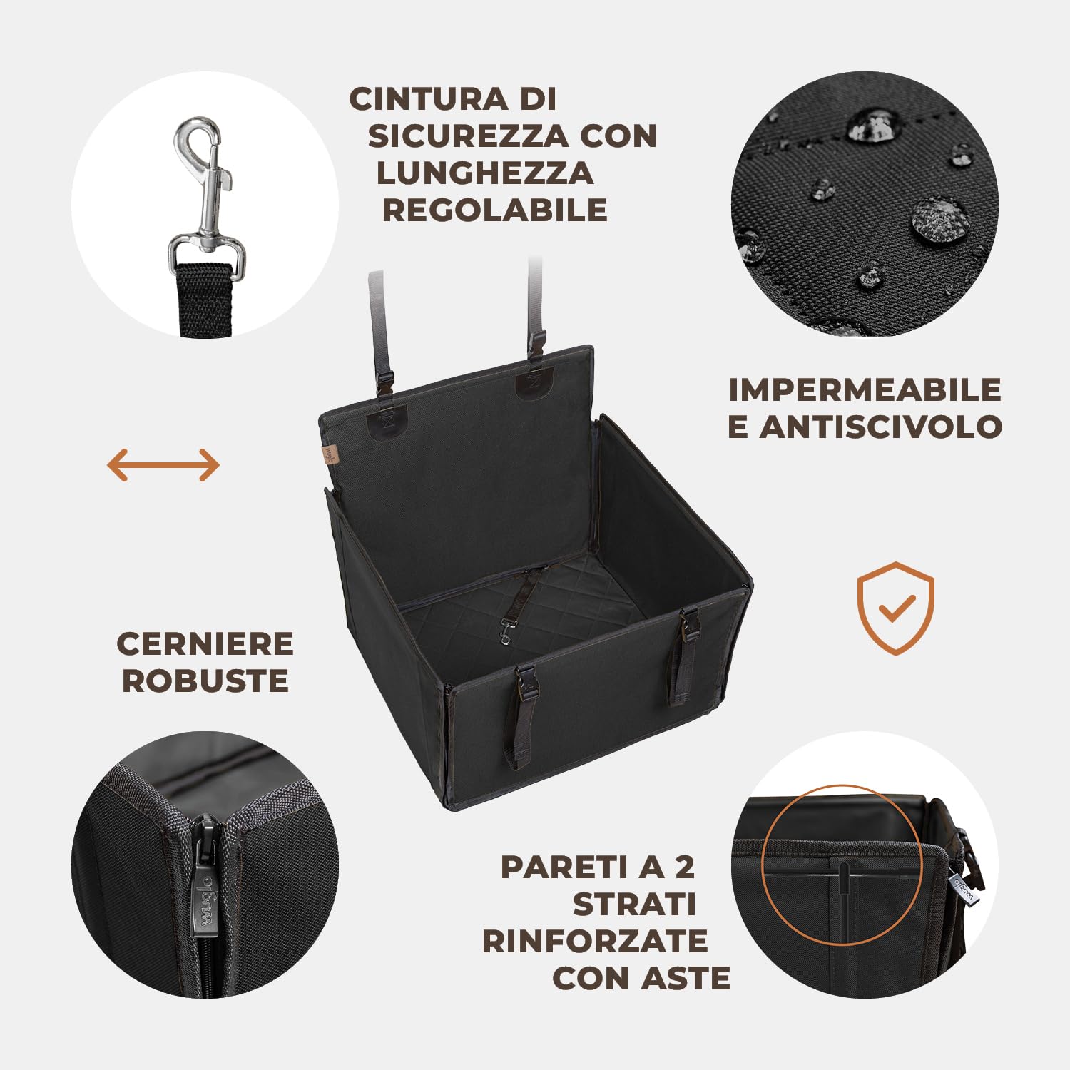 Seggiolino Auto Extra Stabile per Cani di Piccole e Medie Dimensioni - Seggiolino Cane Auto Rinforzato con 4 Cinghie di Fissaggio - Trasportino per Cani Auto Impermeabile per Sedile Posteriore