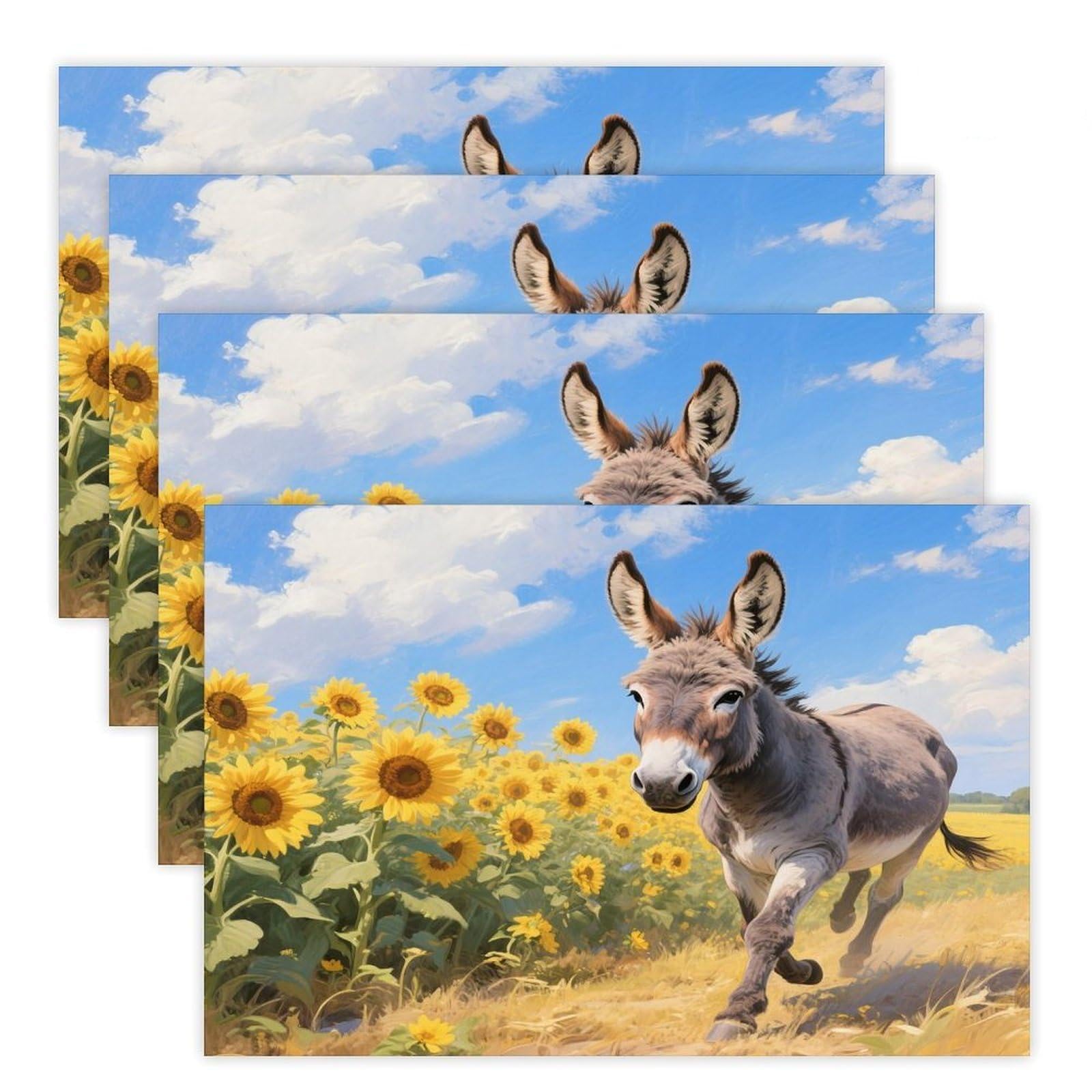 Donkey in Sunflower Field Placemats Heat Resistant Non-Slip Place Mats Washable Wipeable Table Mat Kitchen Dining Table Decoration Placemats Indoor Outdoor Place Mats 17.7’’×11.8’’