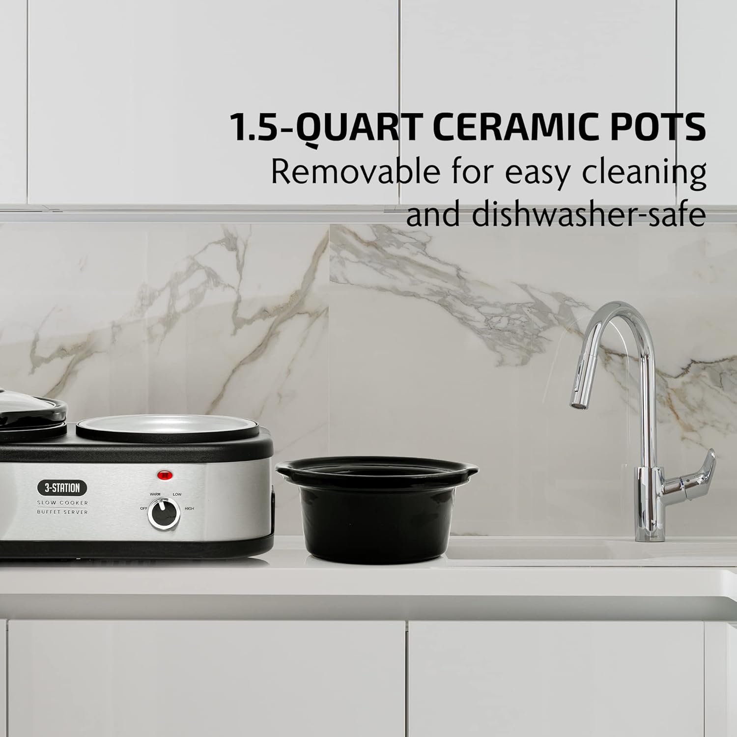 OVENTE Stainless Steel Triple Slow Cooker Buffet Server with Glass Lid & Temperature Control, 3 Section Station Portable 4.5 QT Ceramic Pot Food Warmer Easy Clean for Holiday Dinner, Silver SLO315CBR