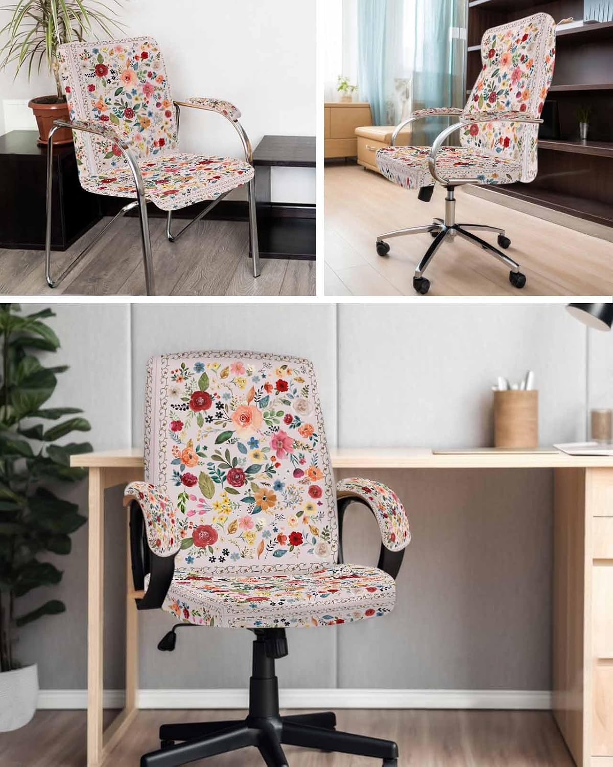 DecorLovee Pink Spring Floral Office Chair Cover with Armrest Covers & Zipper, Botanical Watercolor Summer Spandex Computer Chair Covers, Universal Rotating Desk Chair Slipcovers Protector, M