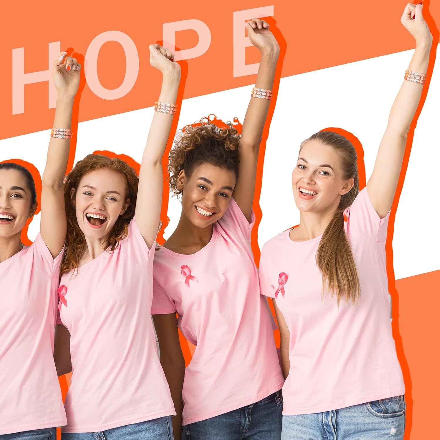 Tondiamo 24 Pcs Breast Cancer Awareness Bracelet Bulk Hope Pink Ribbon Polymer Clay Beaded Bracelets Inspiring Breast Cancer Awareness Wristband Accessories Gifts Bulk for Women Party Supplies Favor - Image 4