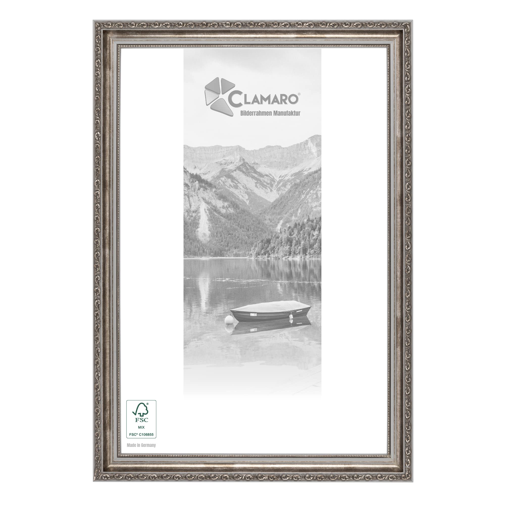 CLAMARO "VIKTOR" ramka na zdjęcia w stylu antycznym 24 x 30 cm, lite drewno, szaro-srebrna, shabby chic, vintage, barokowa, drewniana rama ze szkłem akrylowym, tylna ścianka, zawieszka (format poziomy