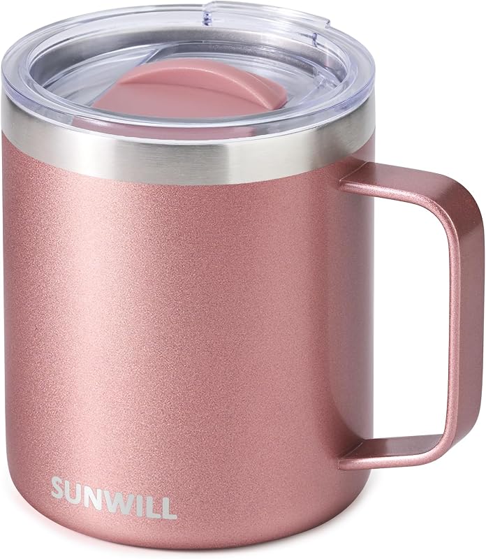 SUNWILL Taza de café de viaje con tapa, vaso aislado con asa, taza de acero inoxidable de 14 oz para hielo, agua, té, oro rosa