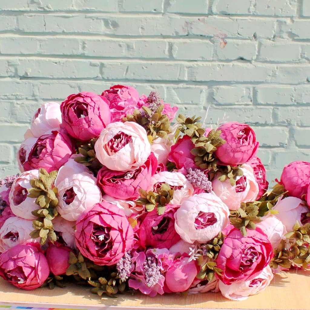 Mandy's Artificial Silk Dark Pink Peony Flowers 1 Bouquet for Home Wedding Decoration : Home & Kitchen