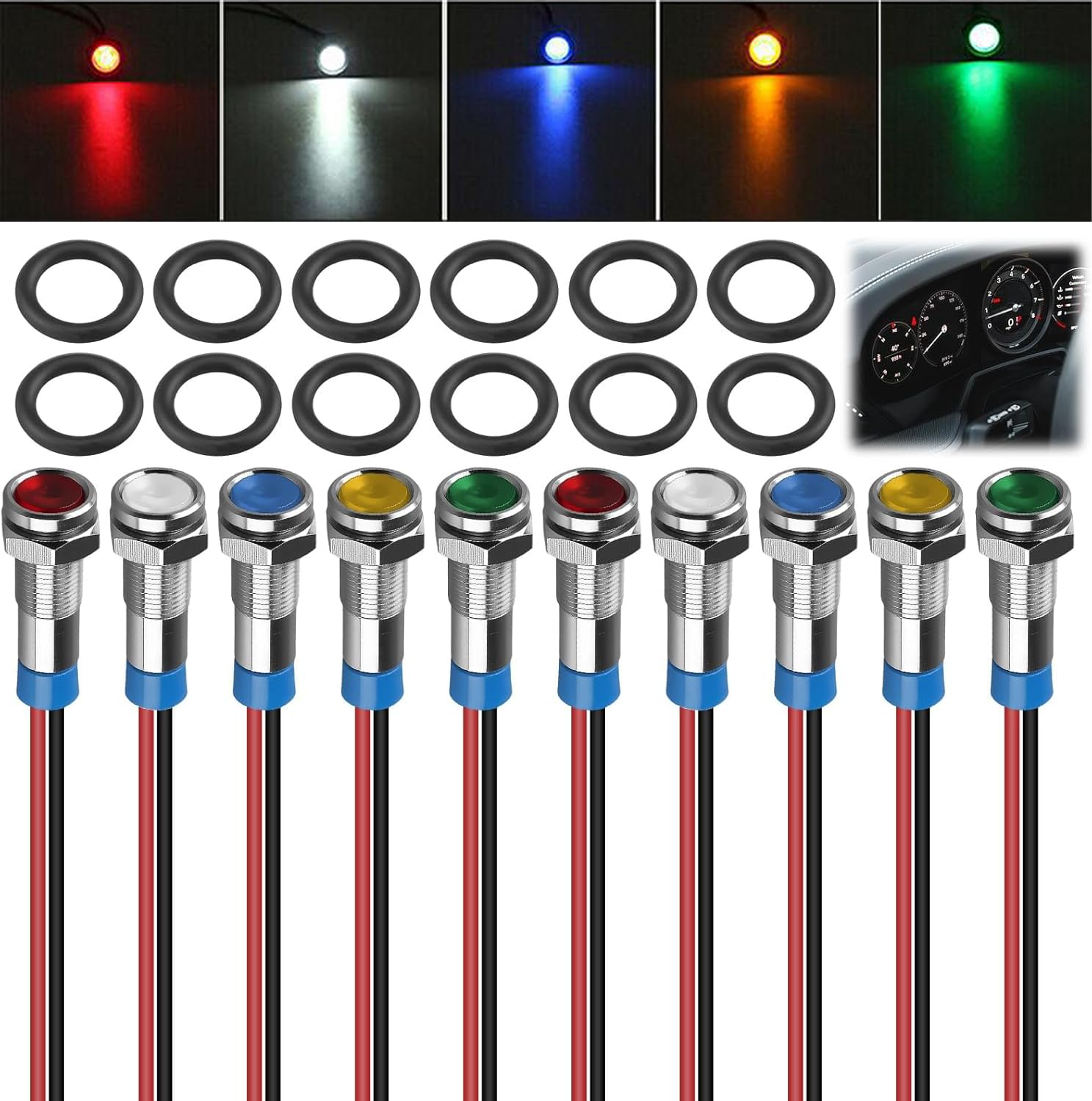 10 luci di controllo a LED da 6 mm, in metallo, 12 V, 24 V, impermeabili IP66, con cavo, per auto, barca, camion, cruscotto, set di 5 colori (rosso/verde/giallo/blu/bianco)