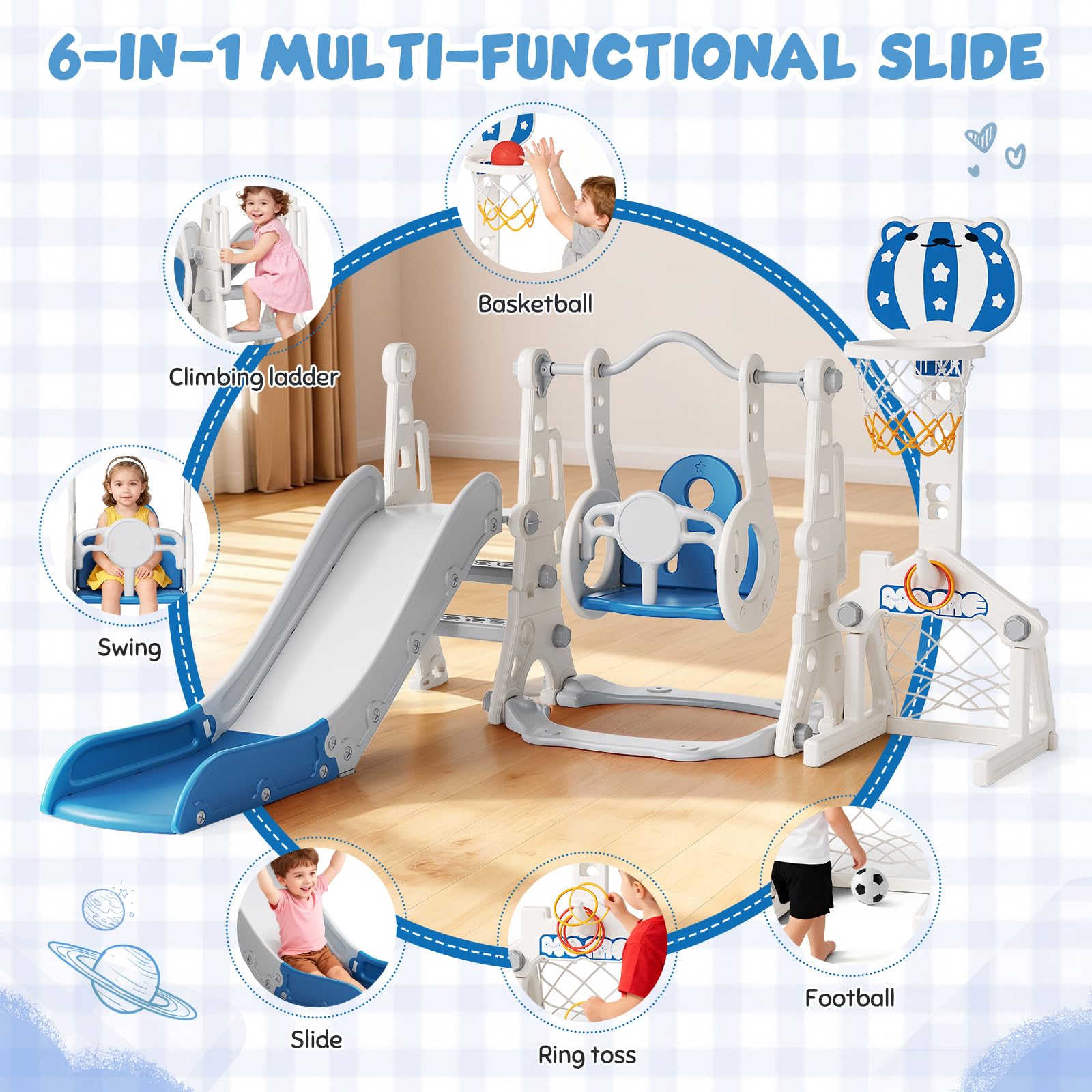 6 in 1 Scivolo Autoportante per Bambini Scivolo Giocattolo con Canestro da Basket e Altalena per Interni ed Esterni Bambini Scivolo da Giardino in Plastica PP e PE für 1 Jahr und Mehr