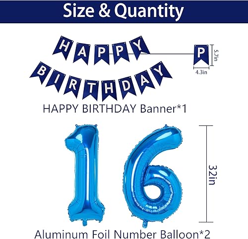 Miniatura 4 de NANINUNENO Decoraciones de fiesta de cumpleaños azul número 16 para niños, niñas, hombres y mujeres, suministros de globos de feliz cumpleaños 16