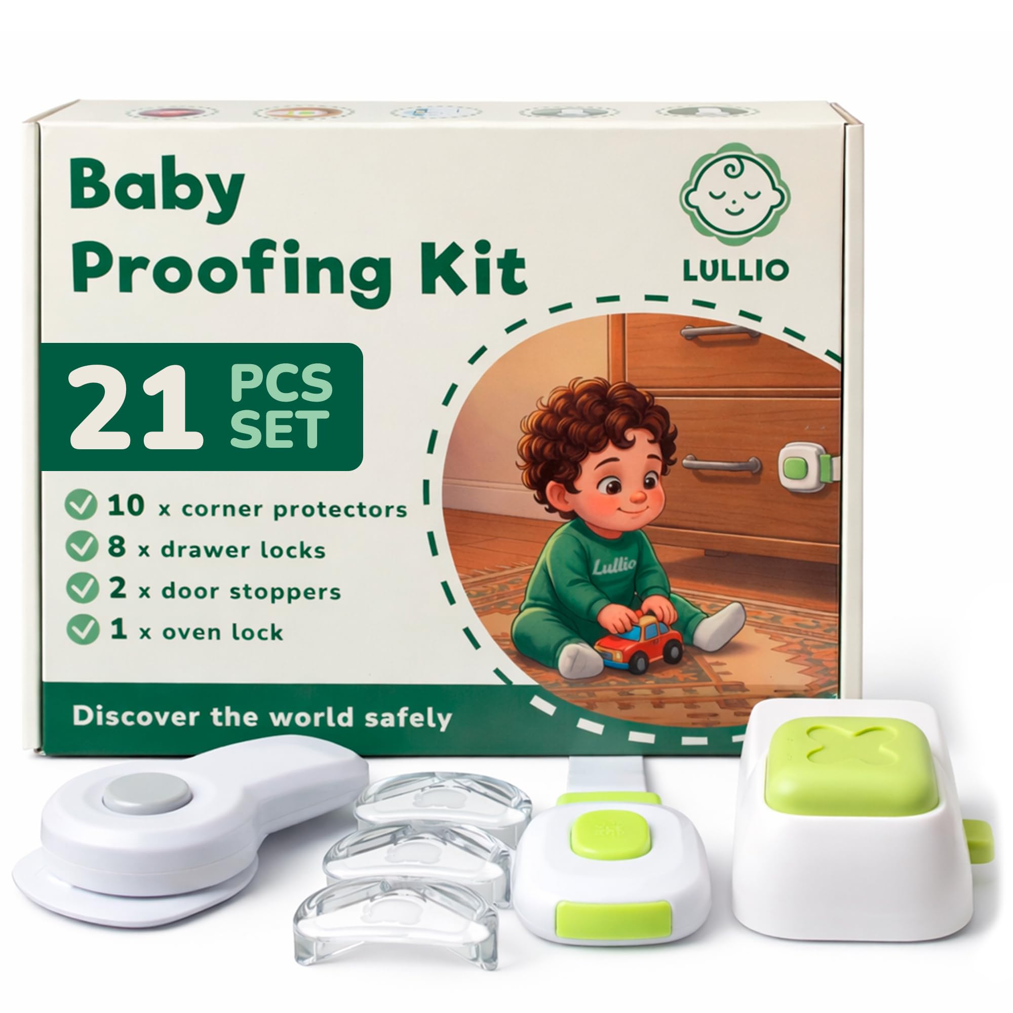 LULLIO Baby Proofing Kit for Home and Kitchen – 21-Piece Safety Set with 10 Baby Corner Protectors, 8 Child Locks for Drawers, 2 Door Stoppers, 1 Oven Lock – No Tools or Drilling Required
