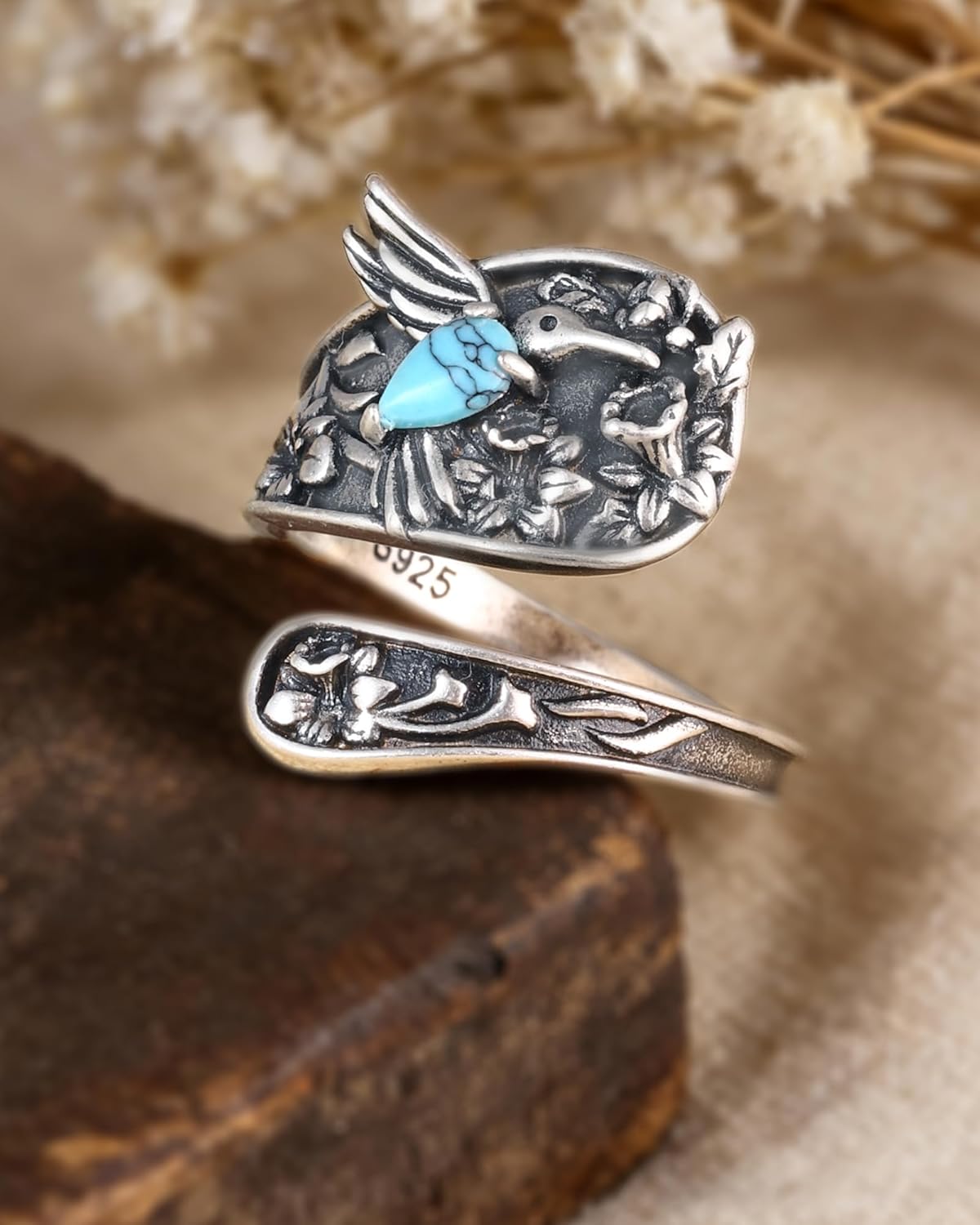 S925-Sterling-Silver Abalone Dragonfly-Turquoise Spoon Ring - Vintage Boho Sunflower Thumb Oxidized Wrap Rings Victorian Style Antique Floral Jewelry Gifts for Women - Image 2