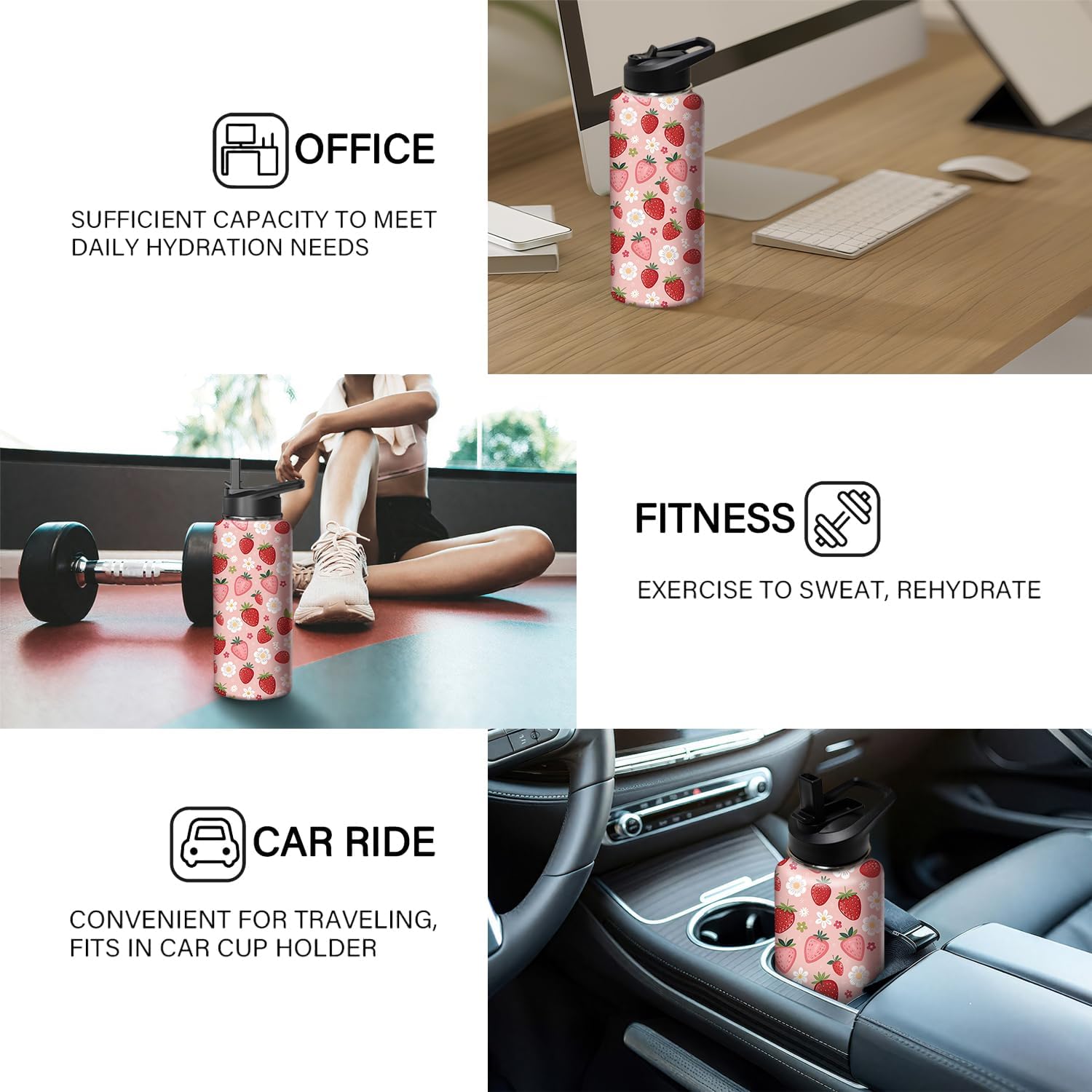 32oz Pink Strawberry Water Bottle with Handle and Flip Straw, Sports Stainless Steel Insulated Cup Travel Coffee Mug Tumbler, Birthday Mothers Day Chritmas Gifts for Women - Image 5