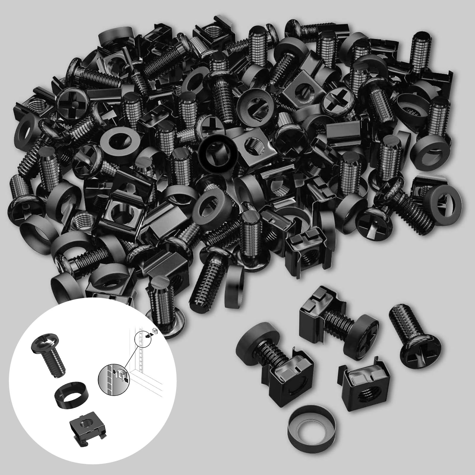 SR620 Viti M6*20+Dadi a gabbia – 50 Set per rack da 19 pollici – Viti Dado per server, Armadi di rete e installazione – Dadi in acciaio nero zinco per uso rack