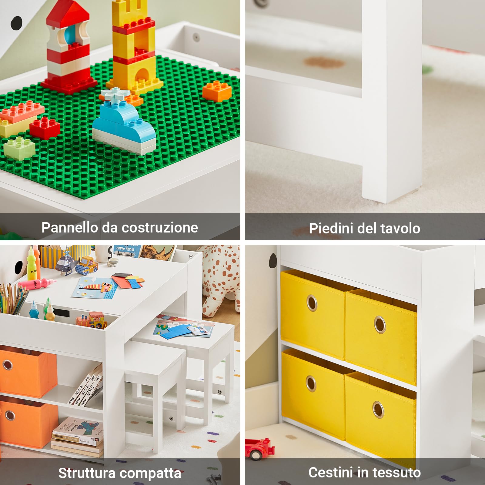SoBuy Tavolo multifunzionale per bambini con 2 sgabelli e 8 contenitori Set tavolo e sedie per cameretta bambini Tavolo da gioco con spazio di archiviazione Bianco 87x50x50 cm KMB75-W