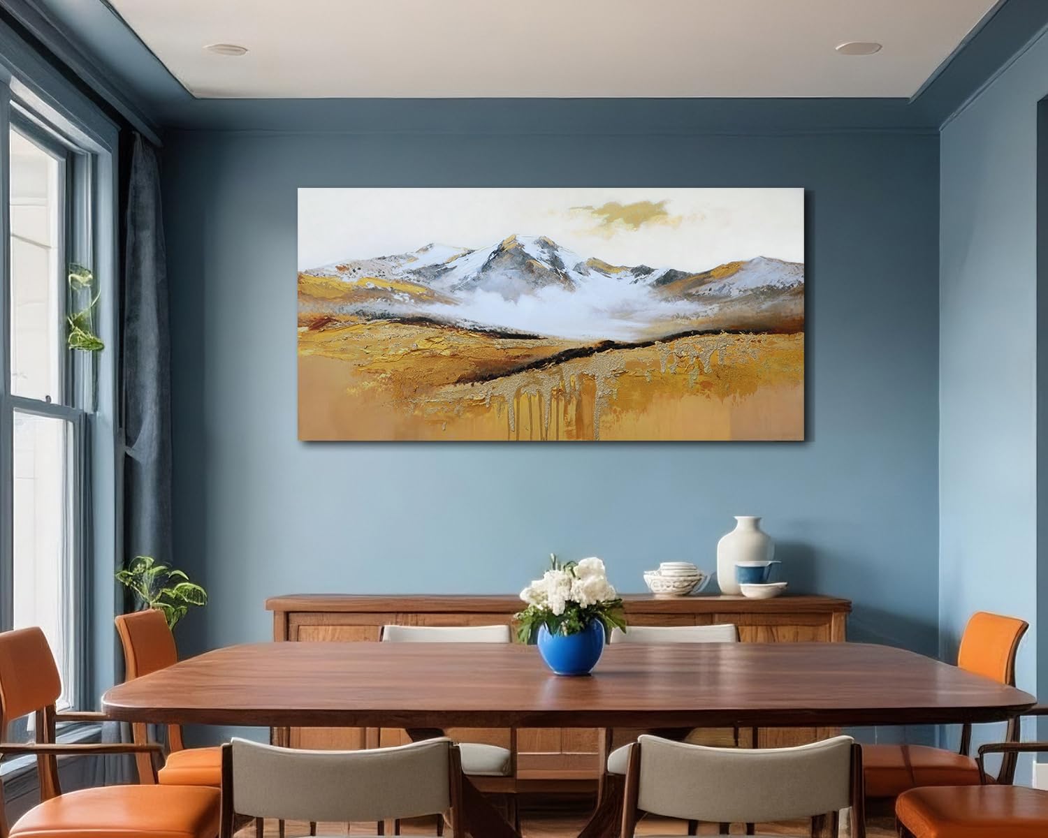 Arjun Textured Mountain Landscape Canvas Wall Art 40"x20"- Gold Peak & Misty Valley Painting, Golden Drip Artwork Large Framed Picture Prints for Living Room Bedroom Home Office Wall Decor