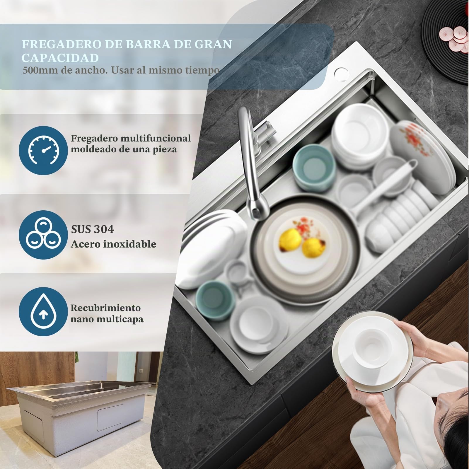 Fregadero de cocina multifunción de 65 x 50 cm, de acero inoxidable 304, hecho a mano, fregadero de cocina grande de una bañera, instalación a ras o sobre encimera con bañera extraíble