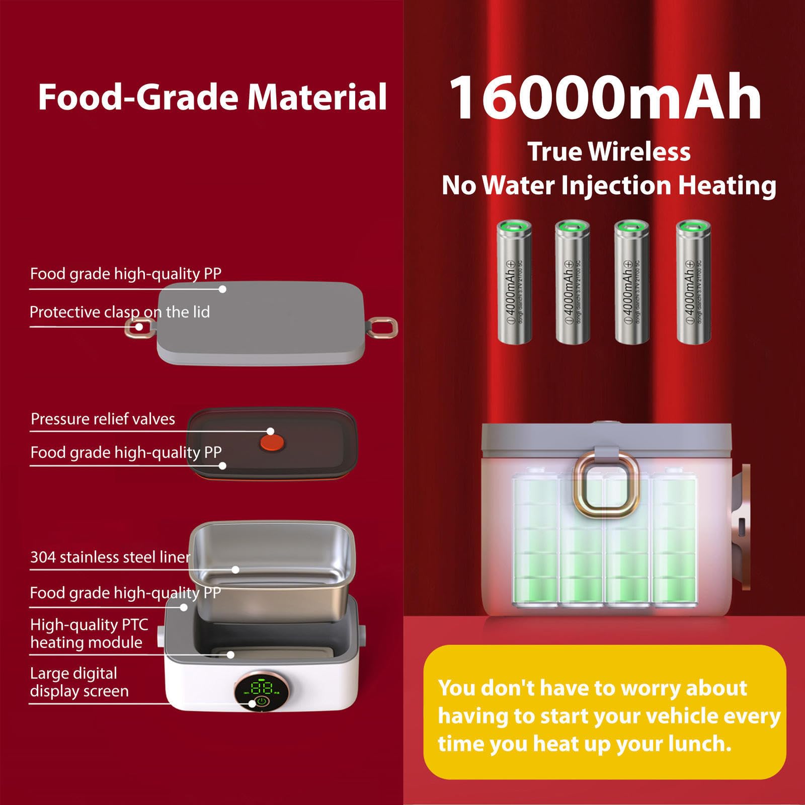 Fiambrera Electrica Coche Recargable E Inalámbrico, Fiambrera Termica Portátil Y Con Batería De 16000 mAh, Tartera Electrica Comida Trabajo