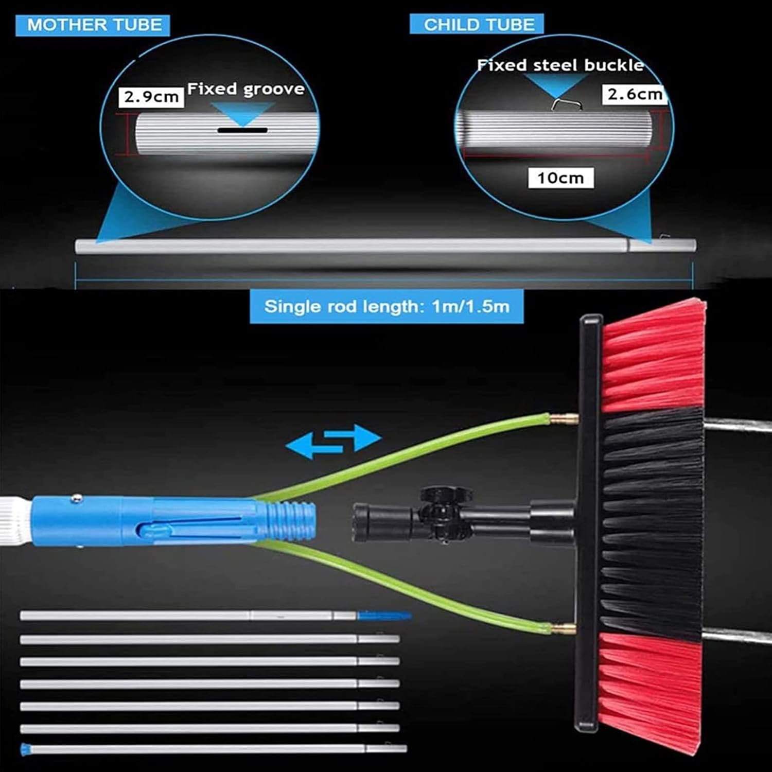 Telescopic Extension Pole Cleaning Kit - 7m Outdoor Window Cleaner & Solar Panel Washing Tool with 30cm Brush Head for Effortless Photovoltaic Panel & Truck Cleaning
