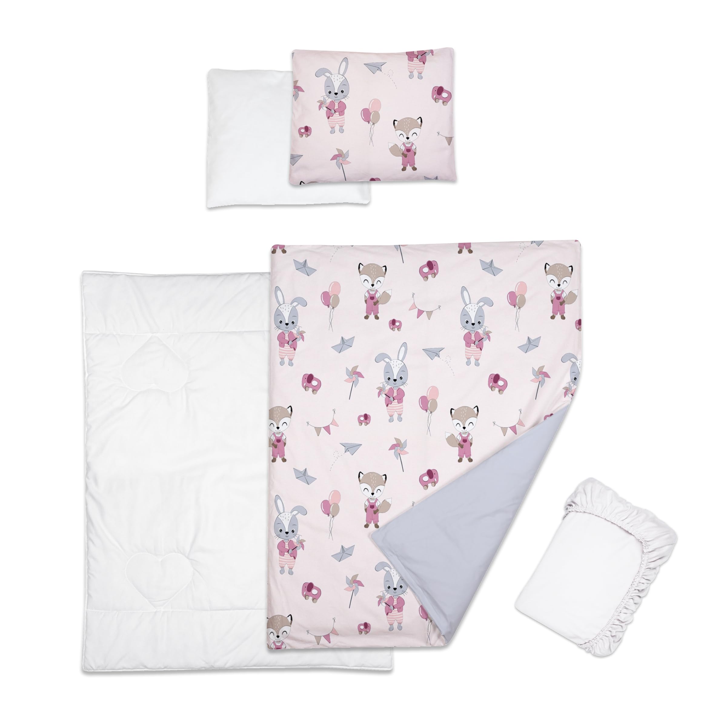 Baby Comfort 5 Piece Toddler Bedding Duvet Pillow with Covers & Jersey Sheet fits 90x55cm Bedside Crib 12M+ (Foxes and rabbits)